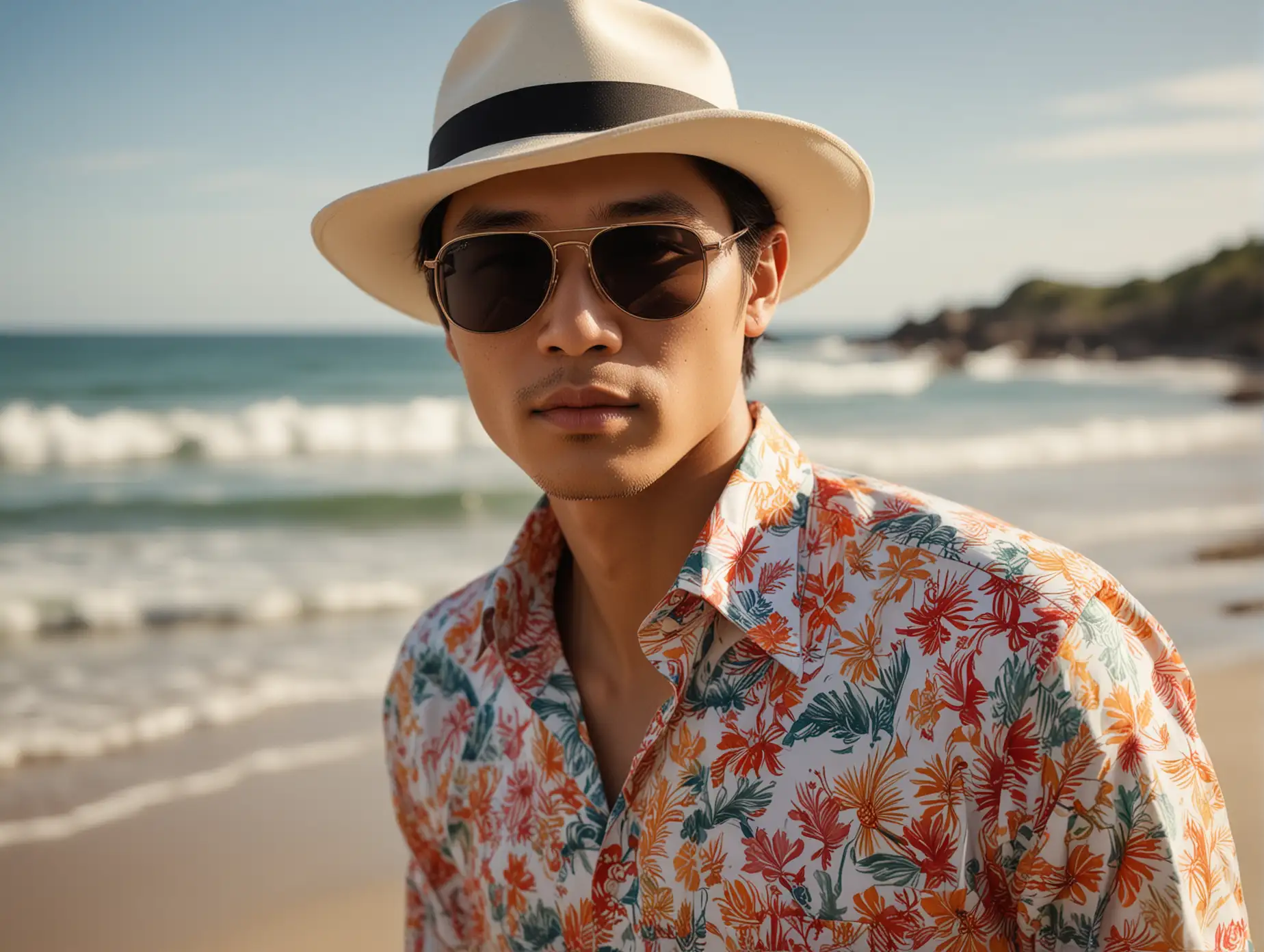 a headshot portrait photograph captivating composition inspired by Annie Leibovitz's iconic style, showcasing a young asian man wears white fedora hat, beach hawai-motive colorful shirt, walking gracefully on the sandy shores of a sun-drenched beach. With the Sigma 85mm 1.4F lens, capture him delicately holding his sunglasses with his fingers, adding an element of contemplation to the scene against the backdrop of the serene ocean waves.