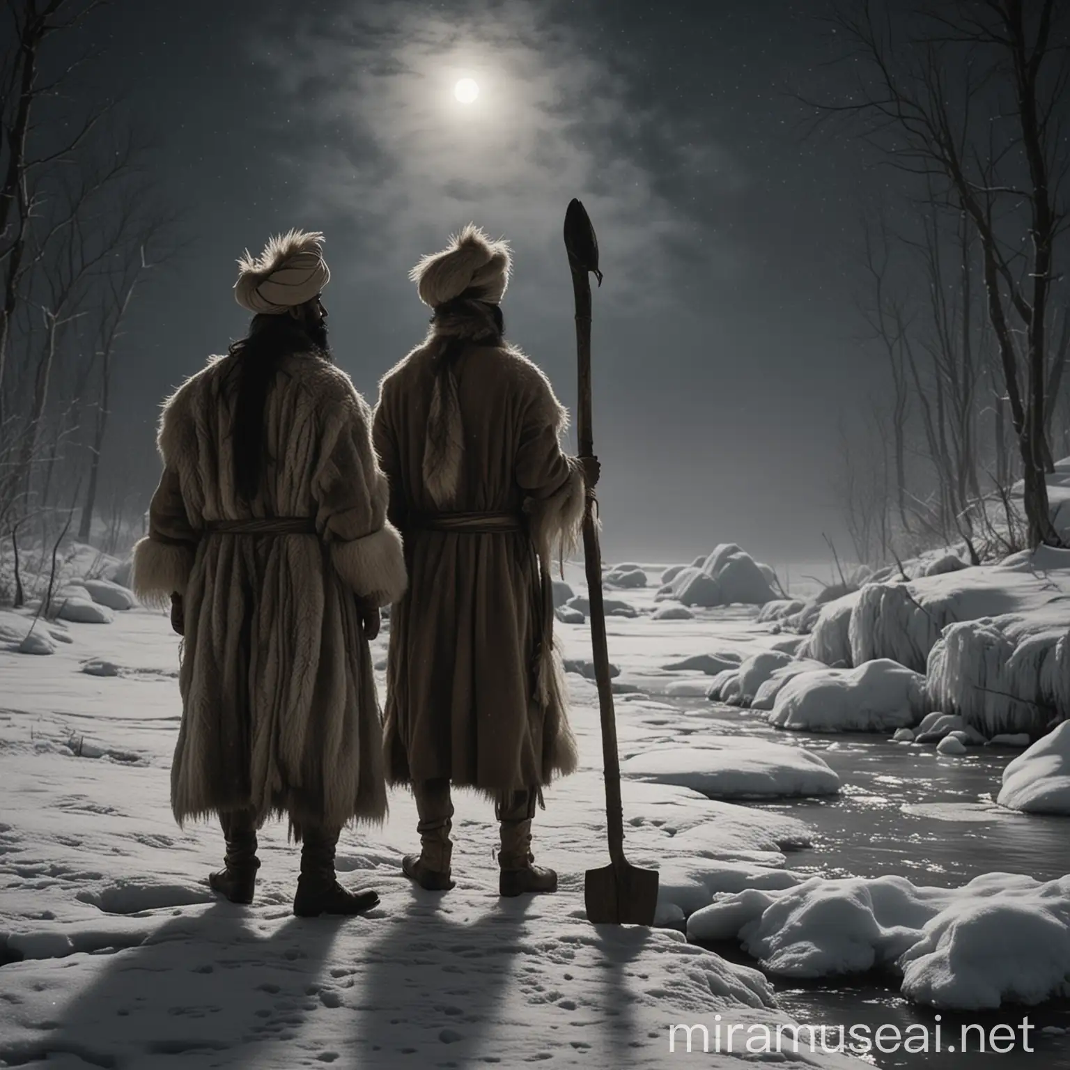 1880s Frontiersmen on Frozen River at Night with Axes