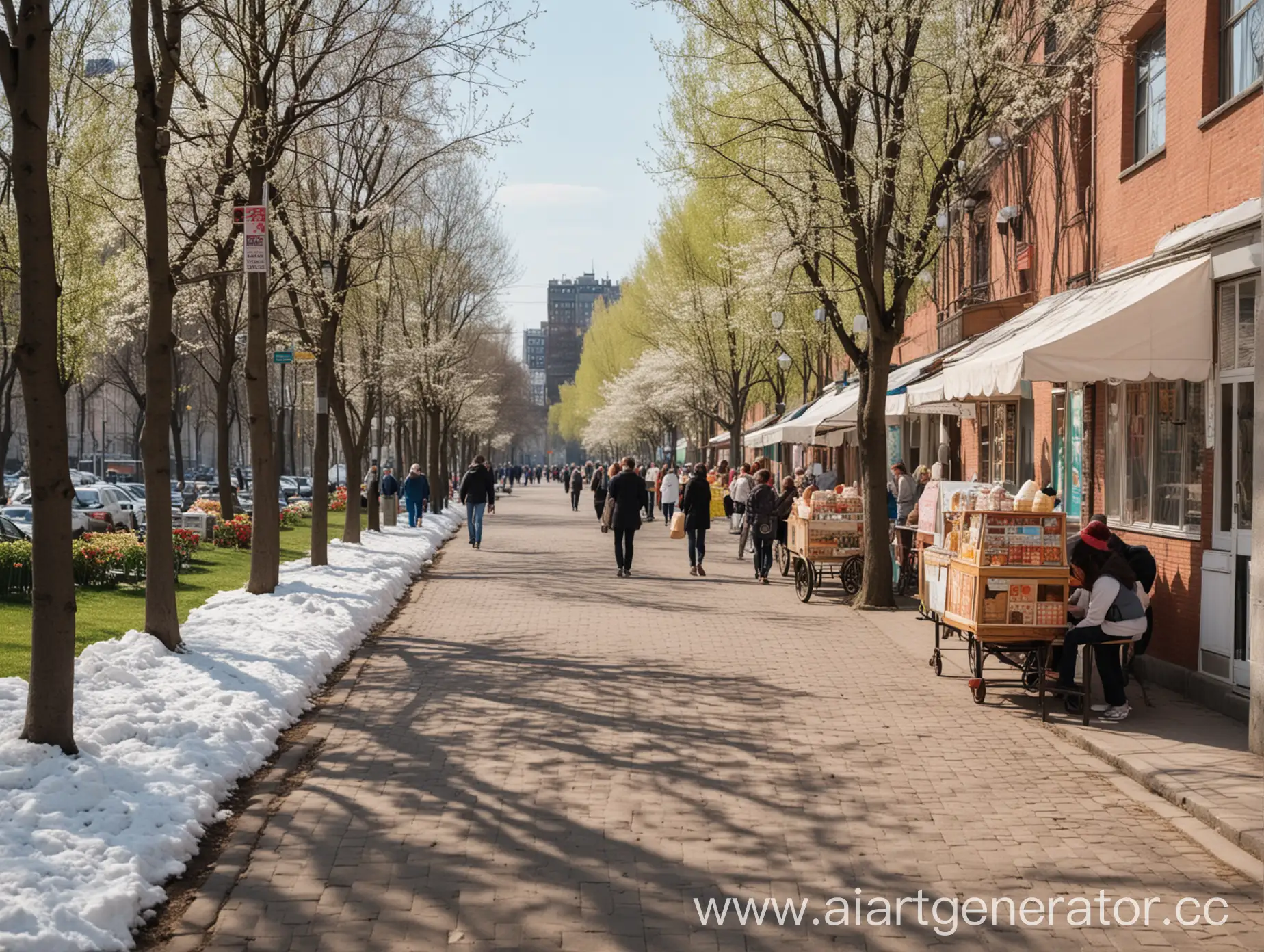 Люди гуляют в весеннем парке по аллее. Вдоль аллеи стоят лотки  на которых продают мороженое.