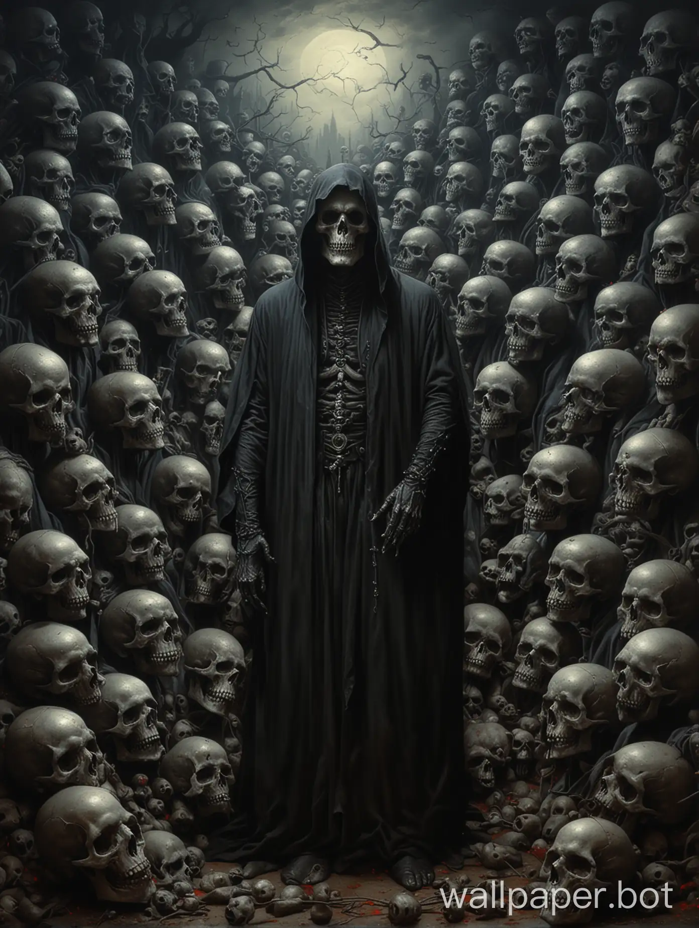 a painting of a man in a black robe surrounded by skulls, just art for dark metal music, death metal album cover, detailed 3d gothic oil painting, reminded me of the grim reaper, dark art style, dark fantasy horror art, evil death, dark fantasy artwork, eerie and grim art style, black metal style, dark fantasy mixed with realism, hell scape , inspired by beksinski
