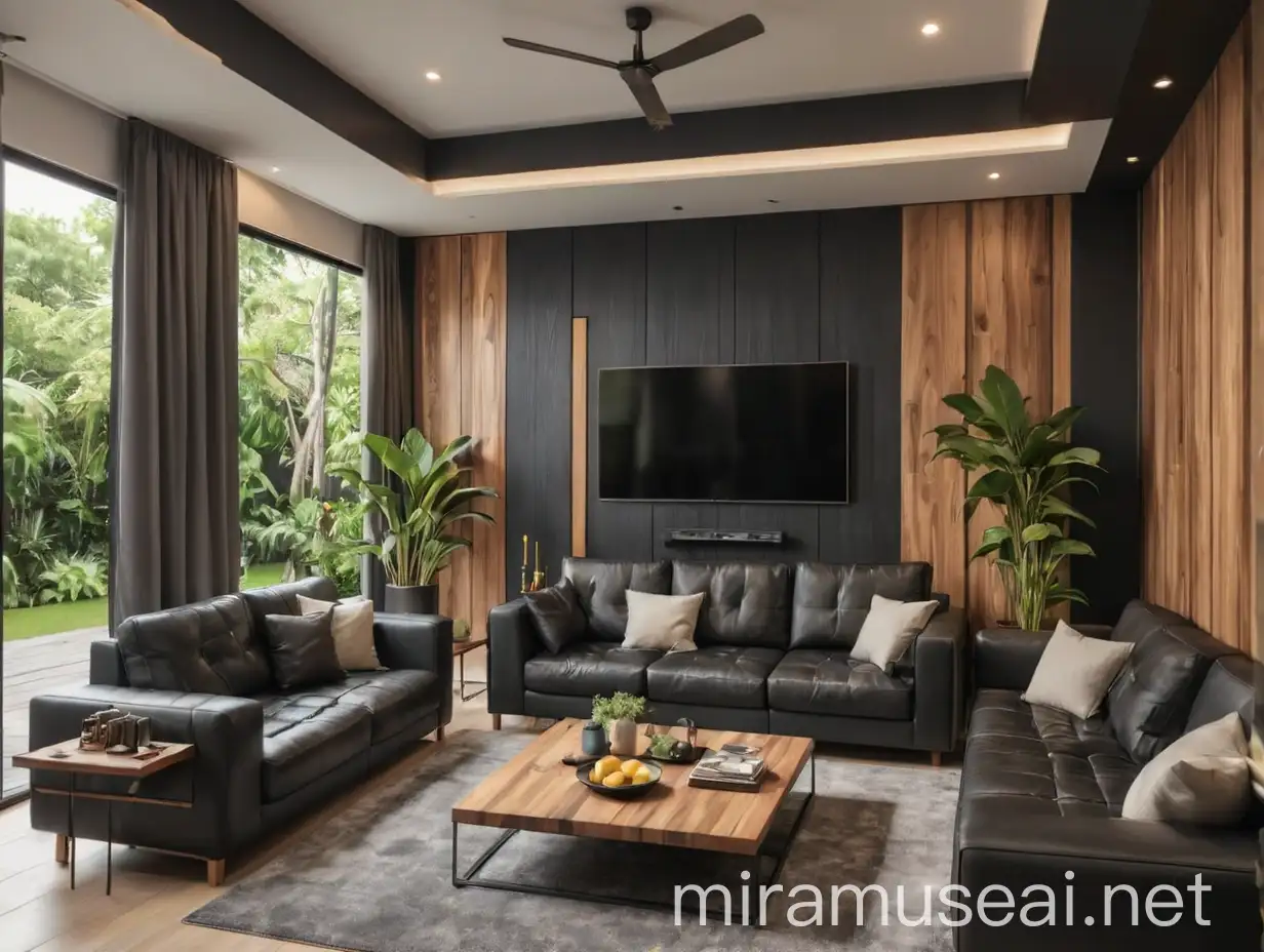 living room interior design ,  7 seater sofa black leather , back wall wooden panels , wodden table in mid , 7w inch screen , outside garden view