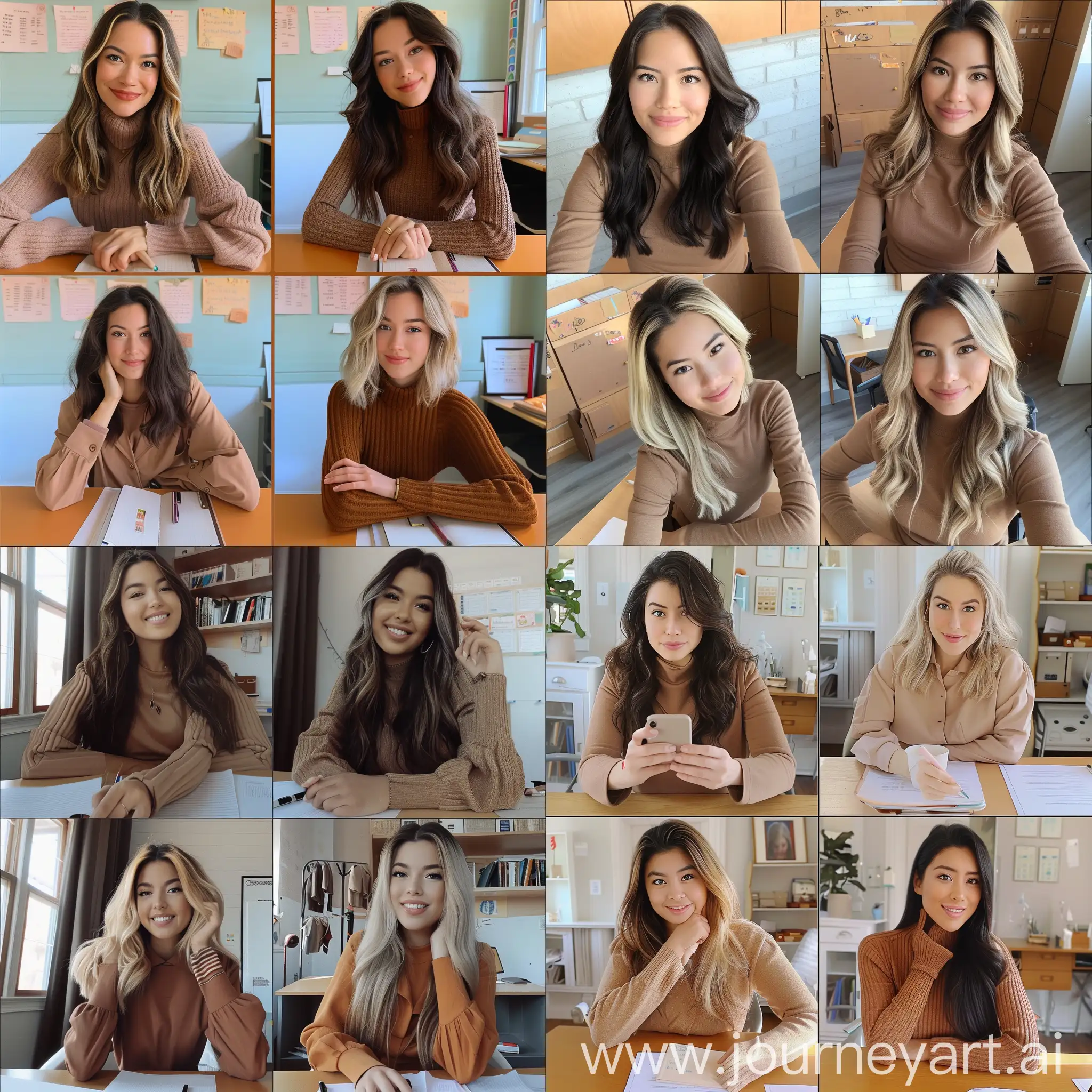 Aesthetic instagram selfie of a Elementary School teacher, woman, at desk, different hair, different ethnicities, 4 images, soft brown clothing color tones--ar 9:16