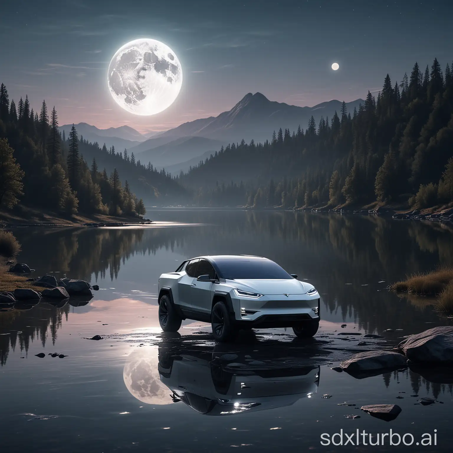Tesla cybertruck at a beautiful lake and full moon in Background, hyperrealistic