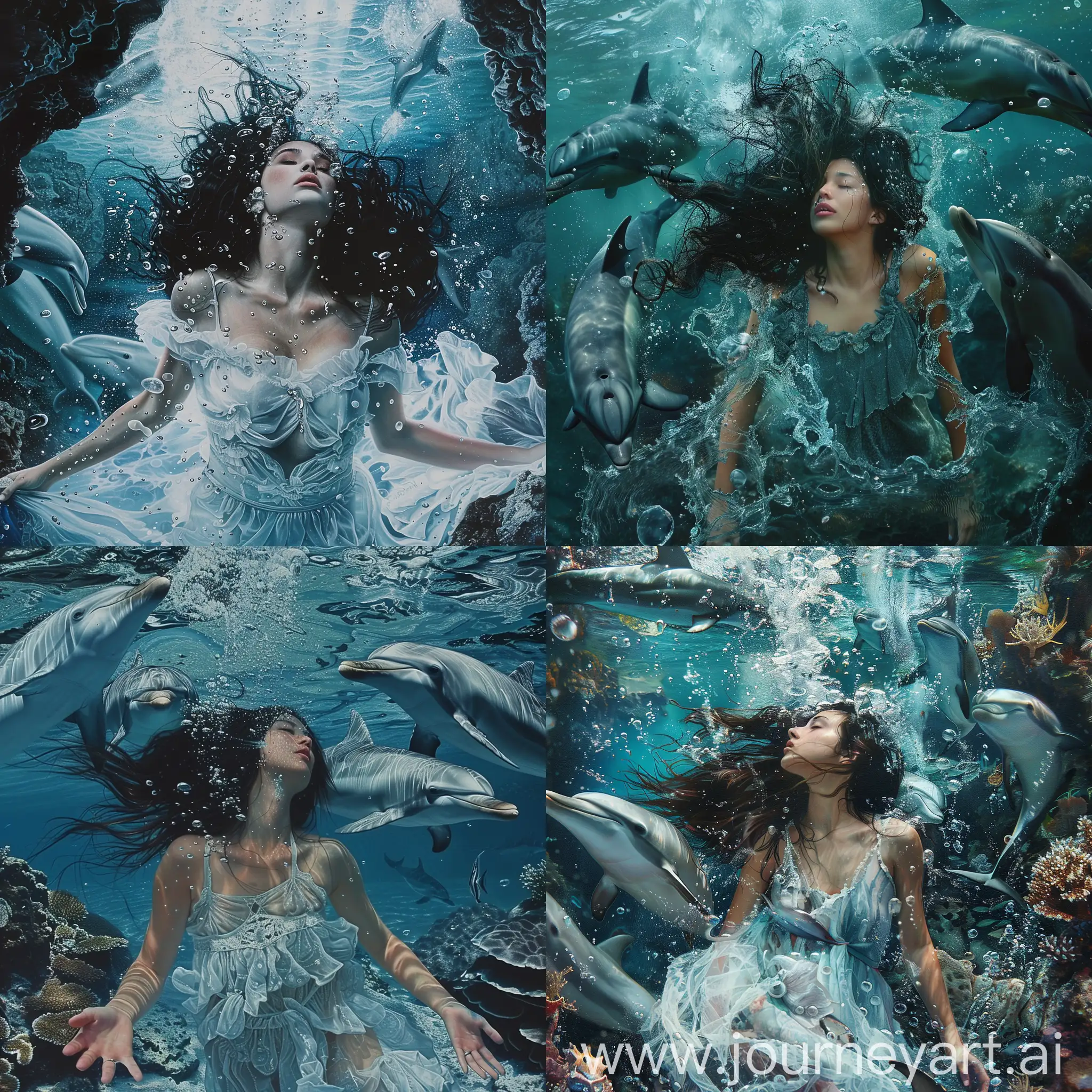 ((Under water face potrait)) of woman wearing dress on sea. her black hair is swaying away Carried away by the current of water, surrounded by big dolphins , oxygen foam, oxygen bubbles,algae around, big coral cave, realistic detail, symmetrical  