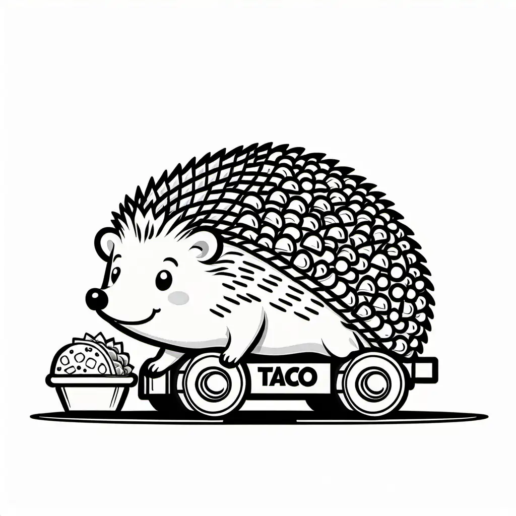 A cute hedgehog with tacos and construction vehicles, Coloring Page, black and white, line art, white background, Simplicity, Ample White Space. The background of the coloring page is plain white to make it easy for young children to color within the lines. The outlines of all the subjects are easy to distinguish, making it simple for kids to color without too much difficulty
