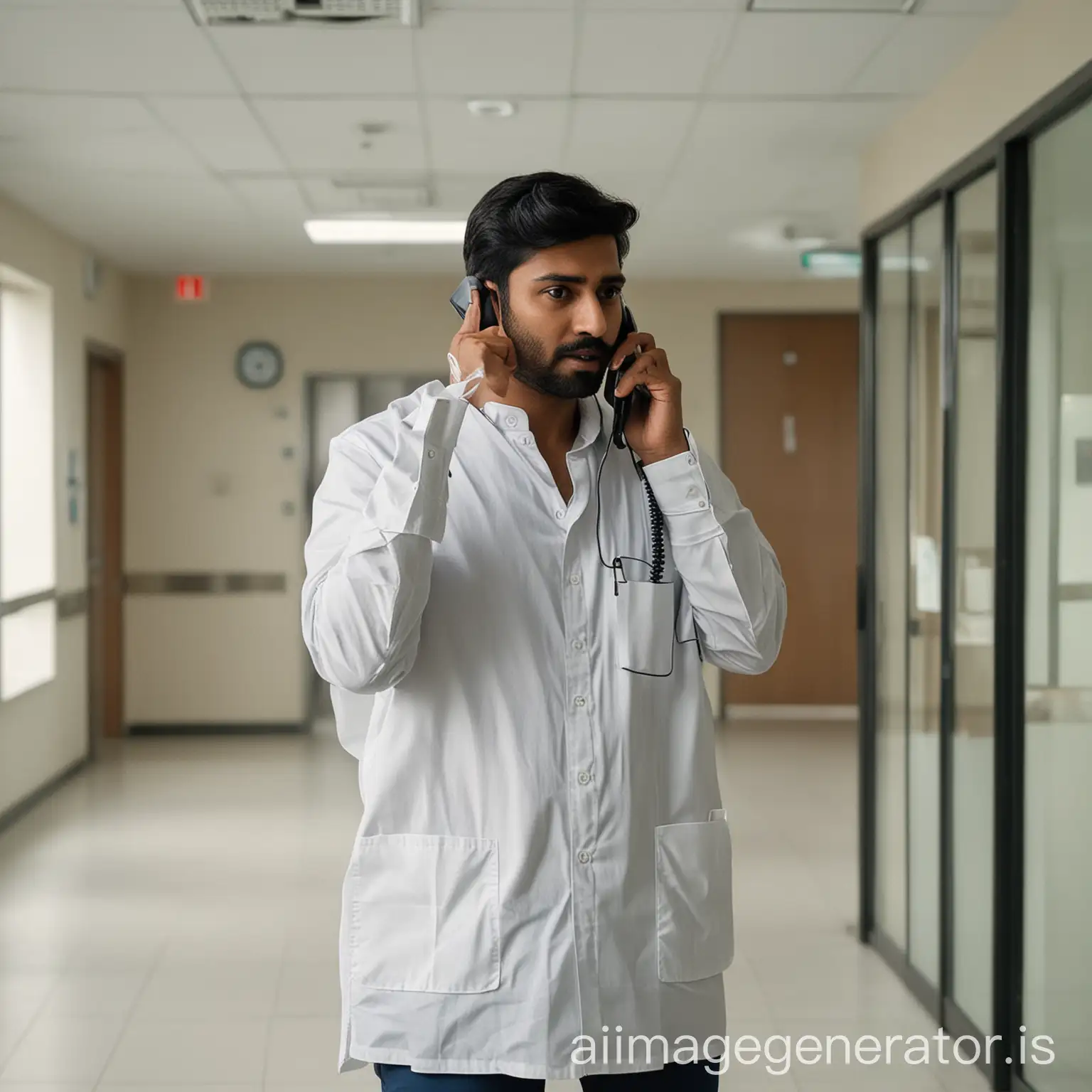 Indian person talking on phone with an agent. Standing inside a hospital. Create same person reading a document in tension and seriously