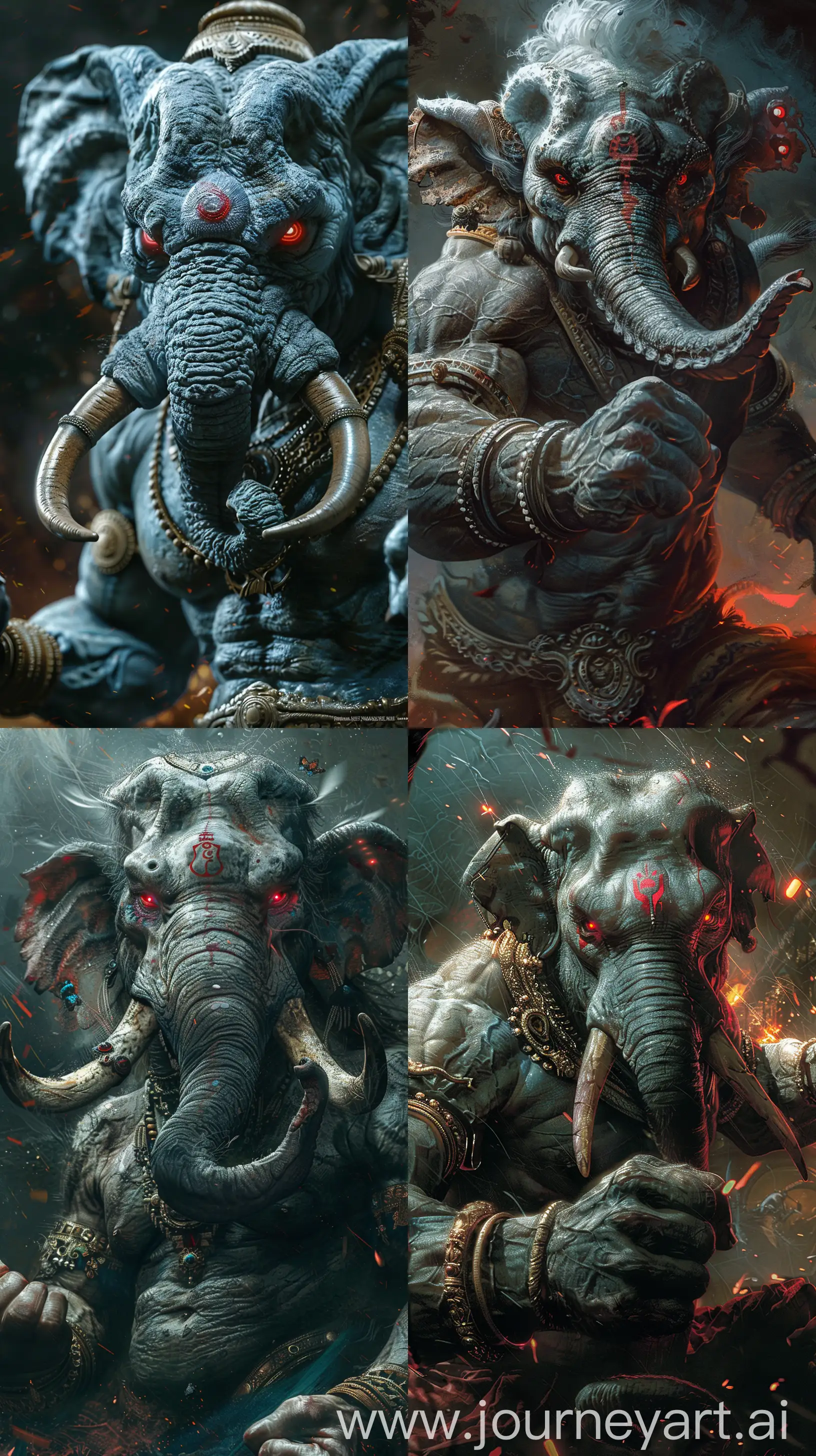 Ancient Indian demon, elephant head, red eyes, fierce expression, roaring skywards, fists clenched, close-up, highly detailed, high resolution, Hindu mythology influences, dramatic lighting --s 300 --ar 9:16 --v 6