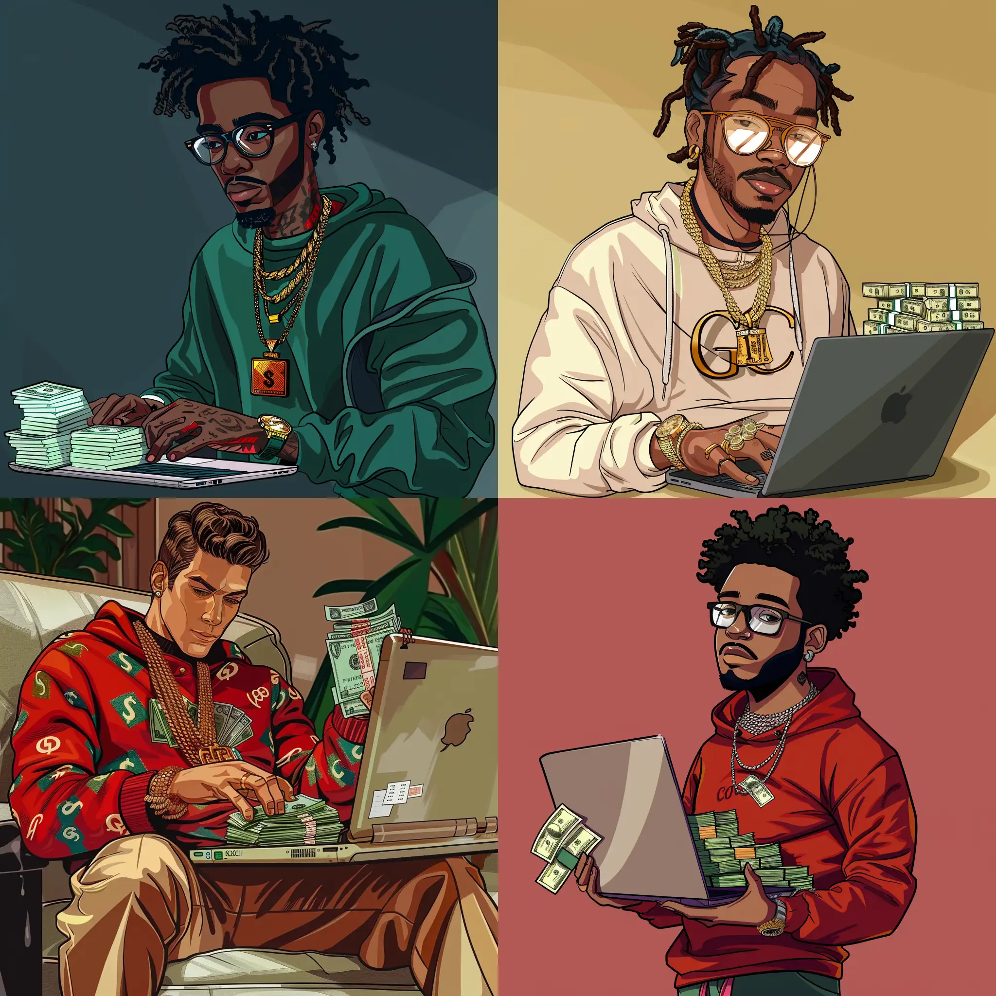 create me  a cartoon OF RILEY FREEMAN WITH A GUCCI SWEATER, STACKS OF MONEY IN HIS HAND AND A LAPTOP WITH STOCKS IN HIS OTHER HAND