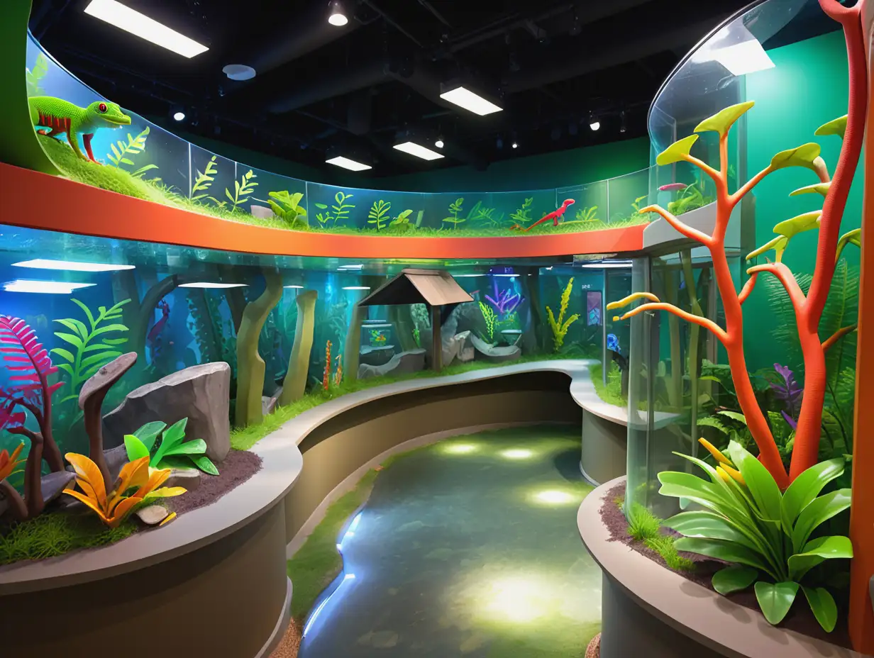 A colorful cartoon zoo exhibit for a giant day gecko, featuring a glass aquarium with a lush interior. Inside, there are tropical plants, branches, and vines. The exhibit includes a clear walking path around the aquarium, allowing visitors to view the habitat from different angles. The overall design is vibrant and engaging, suitable for a kids' cartoon series
