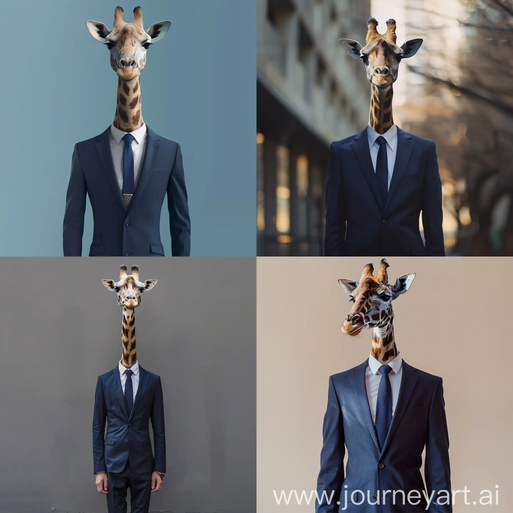 The giraffe stands tall, its long neck gracefully arching upward, adorned with a finely tailored business suit that accentuates its elegant stature. The suit is a classic navy blue, impeccably fitted to the giraffe's slim yet towering frame. The jacket features sharp, sleek lapels and is fastened with a single button at the chest, allowing the fabric to drape flawlessly over the giraffe’s distinctive, spotted fur.   Beneath the jacket lies a crisp, white dress shirt, perfectly pressed and buttoned up to the neck, where a stylish navy blue tie rests, adding a touch of sophistication. The giraffe's elongated legs are clad in matching navy blue trousers, custom-made to complement its unique anatomy. Shiny black dress shoes, specially designed for the giraffe’s hooves, complete the ensemble, reflecting a subtle gleam under the light.  The overall effect is one of charming elegance, the giraffe carrying itself with a dignified air, its head held high and eyes gleaming with a gentle, knowing expression. The suit enhances its natural grace, making the giraffe look both distinguished and endearing, a true picture of sartorial splendor.