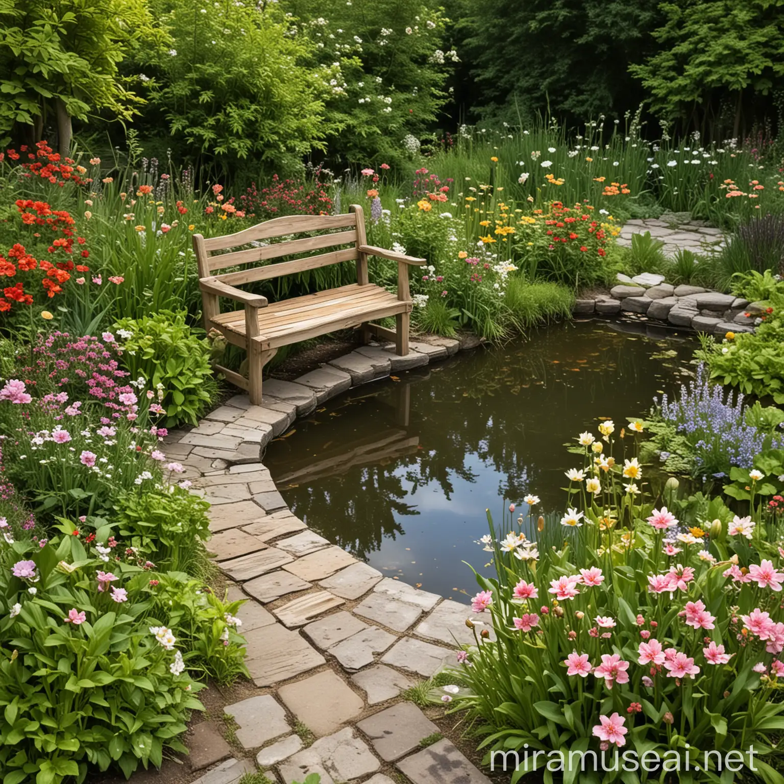Create an image of a small, peaceful garden with a wooden bench, blooming flowers, and a small pond