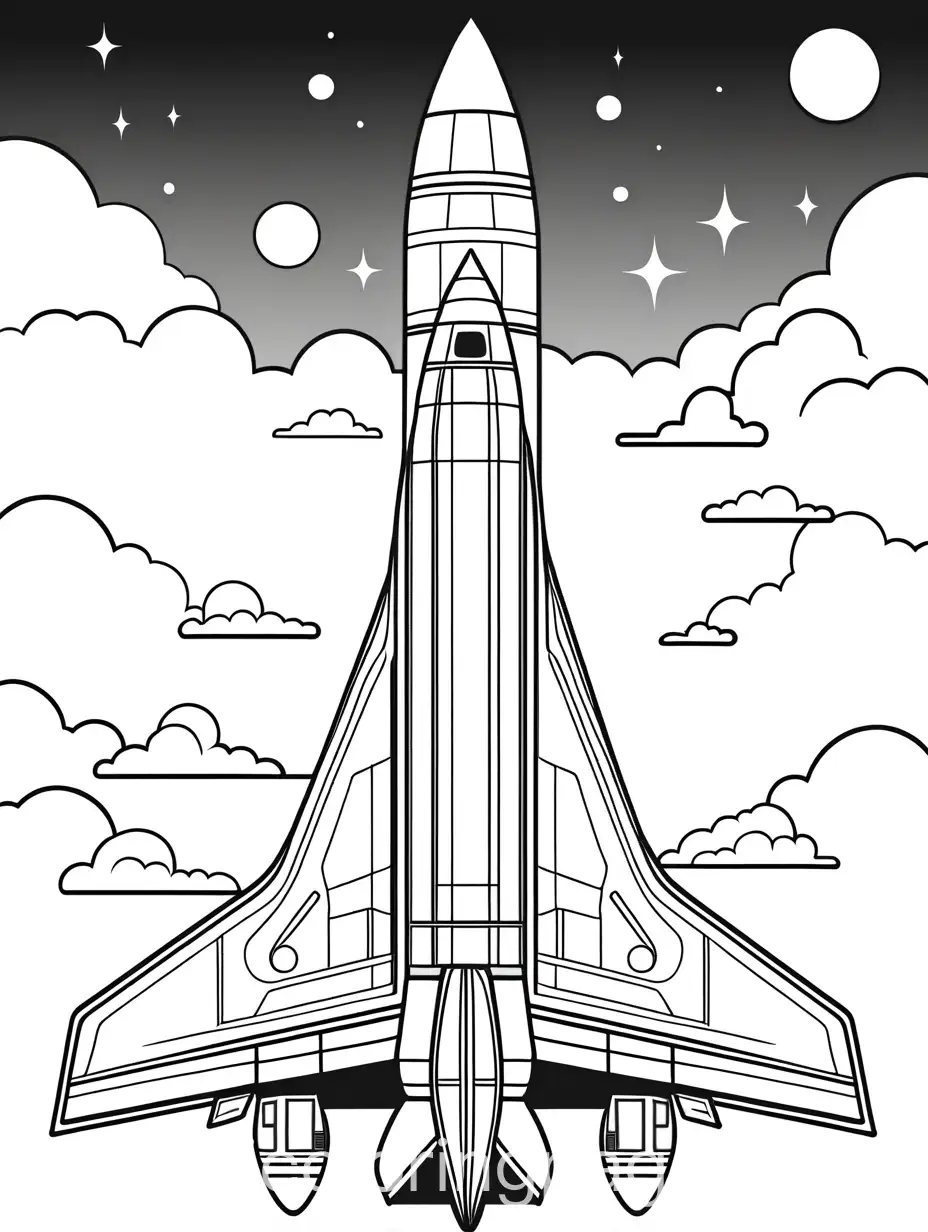 spaceship, Coloring Page, black and white, line art, white background, Simplicity, Ample White Space. The background of the coloring page is plain white to make it easy for young children to color within the lines. The outlines of all the subjects are easy to distinguish, making it simple for kids to color without too much difficulty
