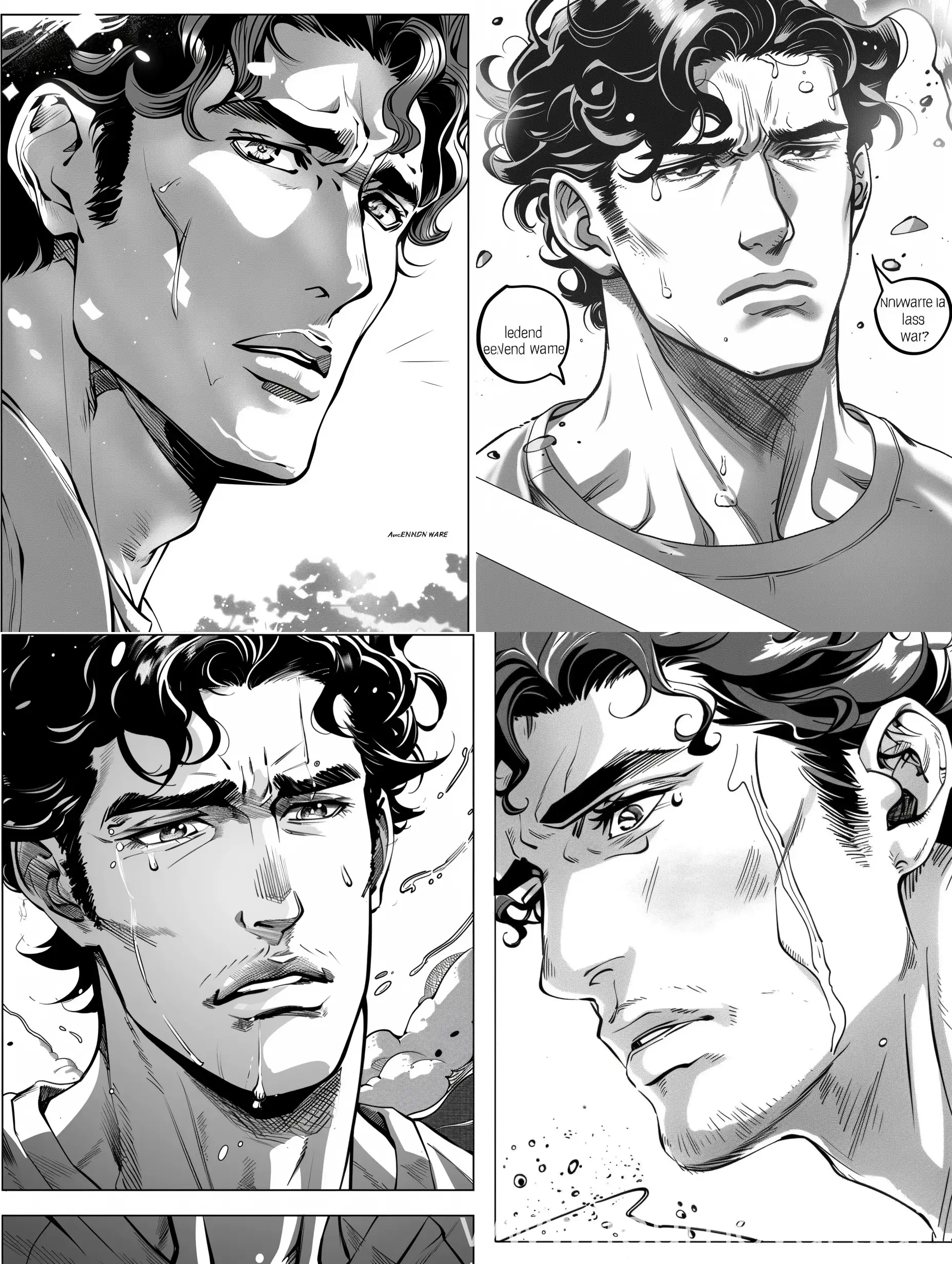Manga style page,create 3 or pictures,black and white,then with small nose defined jawline,normal eyes and ears is now saying poor girl kid that he has ended the war.
--ar 2:3
