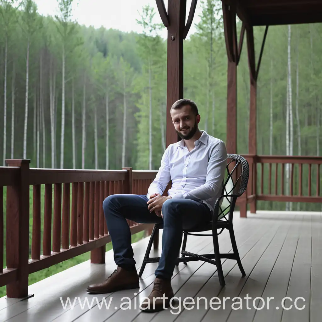 Two-Successful-Men-Relaxing-on-Veranda-with-Forest-Backdrop