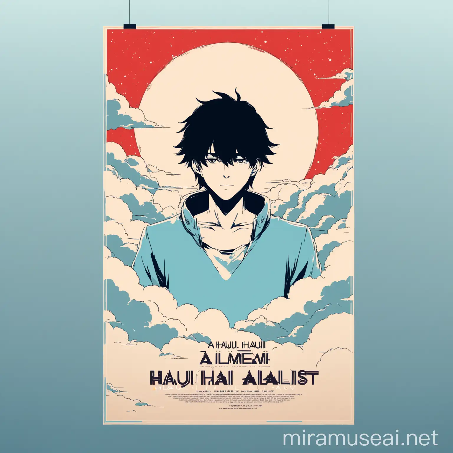 Create a super anime song poster design, A stylish men stand with in clouds space, face not showing, theme, Anime Poster, minimCreate a Anime Song Poster Design, A Men stand, face not showing, theme, Anime Poster, minimalist color, Flate color, Simple Poster hd, clarity, Title- Hauli Hauli
alist color, hd, clarity.