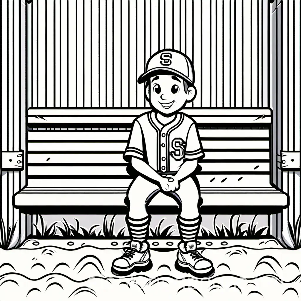 baseball boy sitting in a dugout with a glove on his hand, Coloring Page, black and white, line art, white background, Simplicity, Ample White Space. The background of the coloring page is plain white to make it easy for young children to color within the lines. The outlines of all the subjects are easy to distinguish, making it simple for kids to color without too much difficulty