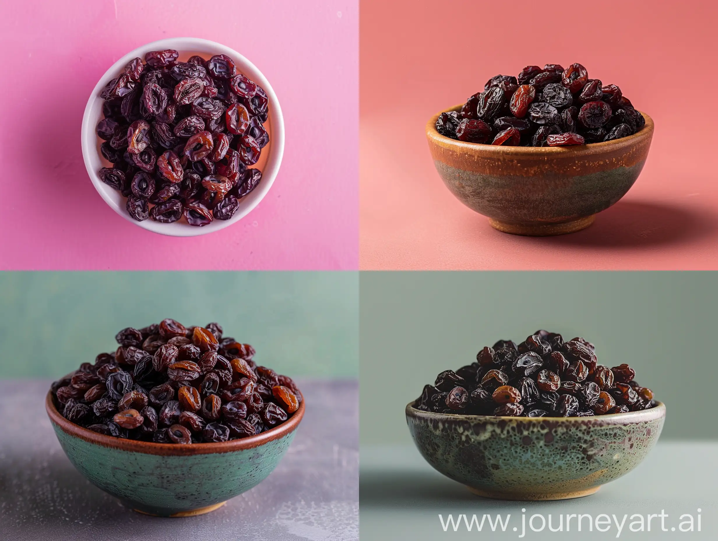 Studio photography with a background of one color of Raisins in a bowl