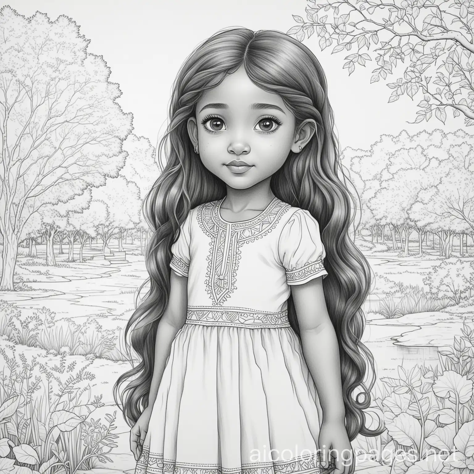 African-indian girl with long hair a the park, Coloring Page, black and white, line art, white background, Simplicity, Ample White Space. The background of the coloring page is plain white to make it easy for young children to color within the lines. The outlines of all the subjects are easy to distinguish, making it simple for kids to color without too much difficulty