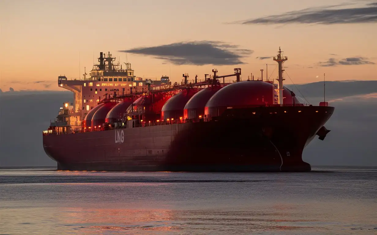 a huge red 
lng ship approaching  carrying huge lng, in the evening