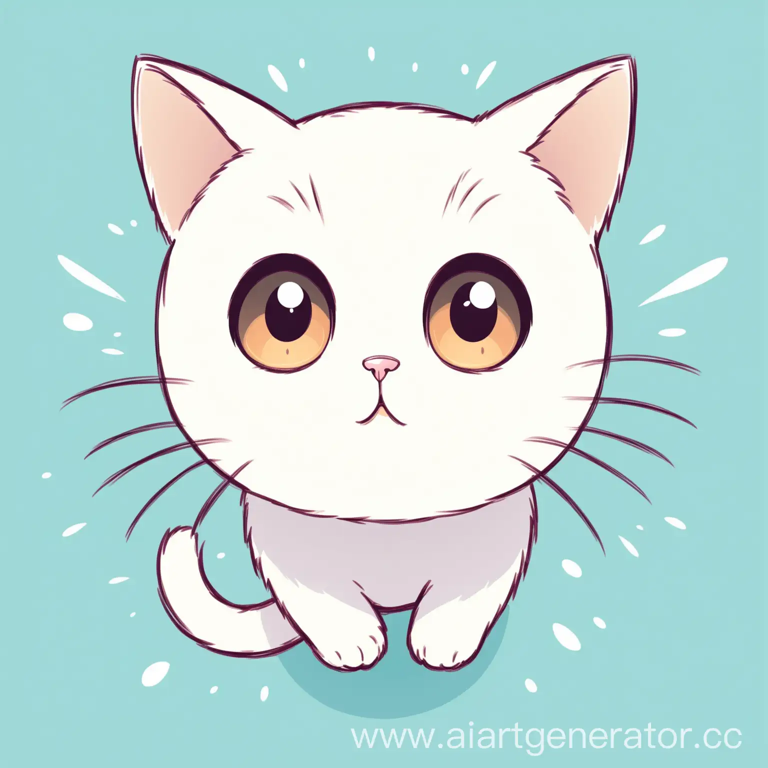 нарисованный просто линейно белый кот с большими глазами смотрит снизу мордочка в анфас 