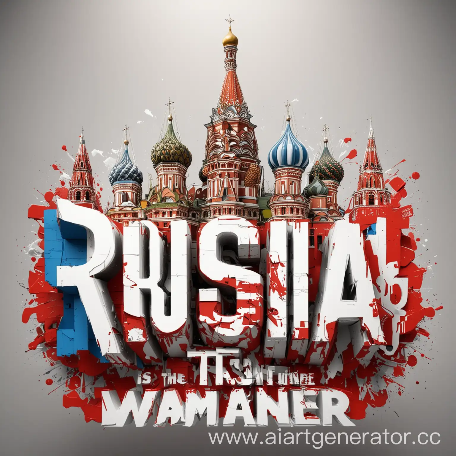 "Russia is the winner". with colours of the russian flag. graffity style. three-dimensional letters with white outlines. St. Basil's Cathedral on Red Square white background