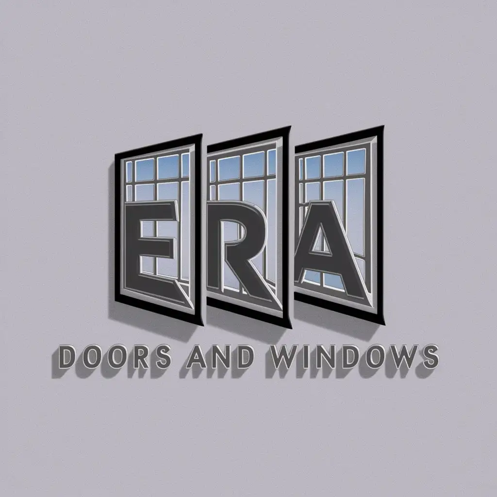 Logo design, text 'ERA Doors and Windows', main symbol: Windows in shape of ERA word, Minimalistic, for use in Construction industry, clear background word make it in blue and window size should be small, makeERAwordin3DWINDOWCOLOURCHANGETOSKYBLUE