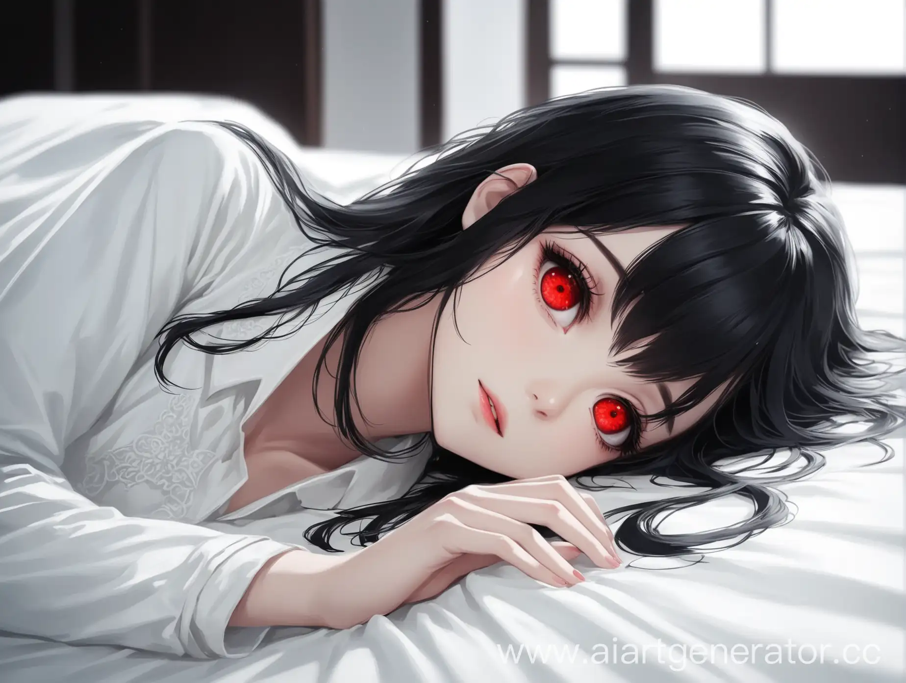 A beautiful girl with black hair and red eyes wearing white clothes was lying on the bed