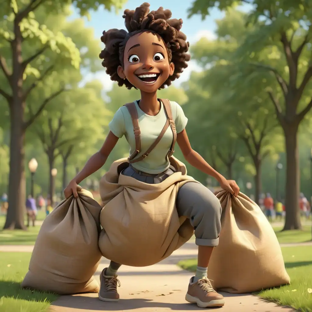 defined 3D cartoon-style African American hopping in sacks in the park smiling  