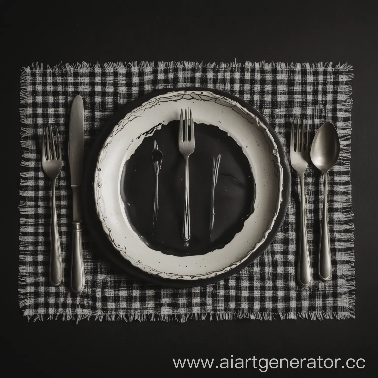 нарисованная сервировка стола. 2 вилки, нож, большая ложка, маленькая ложка, по центру тарелка, на ней скатерть. На черном фоне