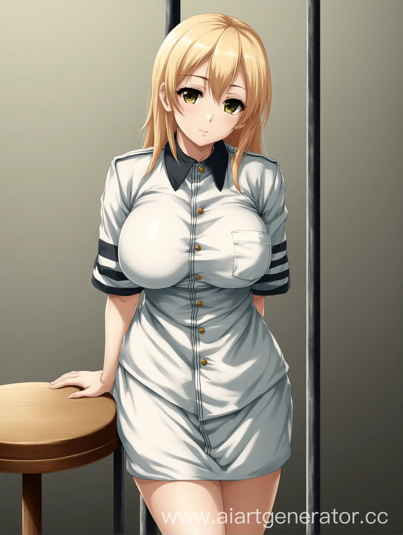 Young-Woman-with-Light-Hair-Leaning-on-a-Stool-in-Prison-Uniform