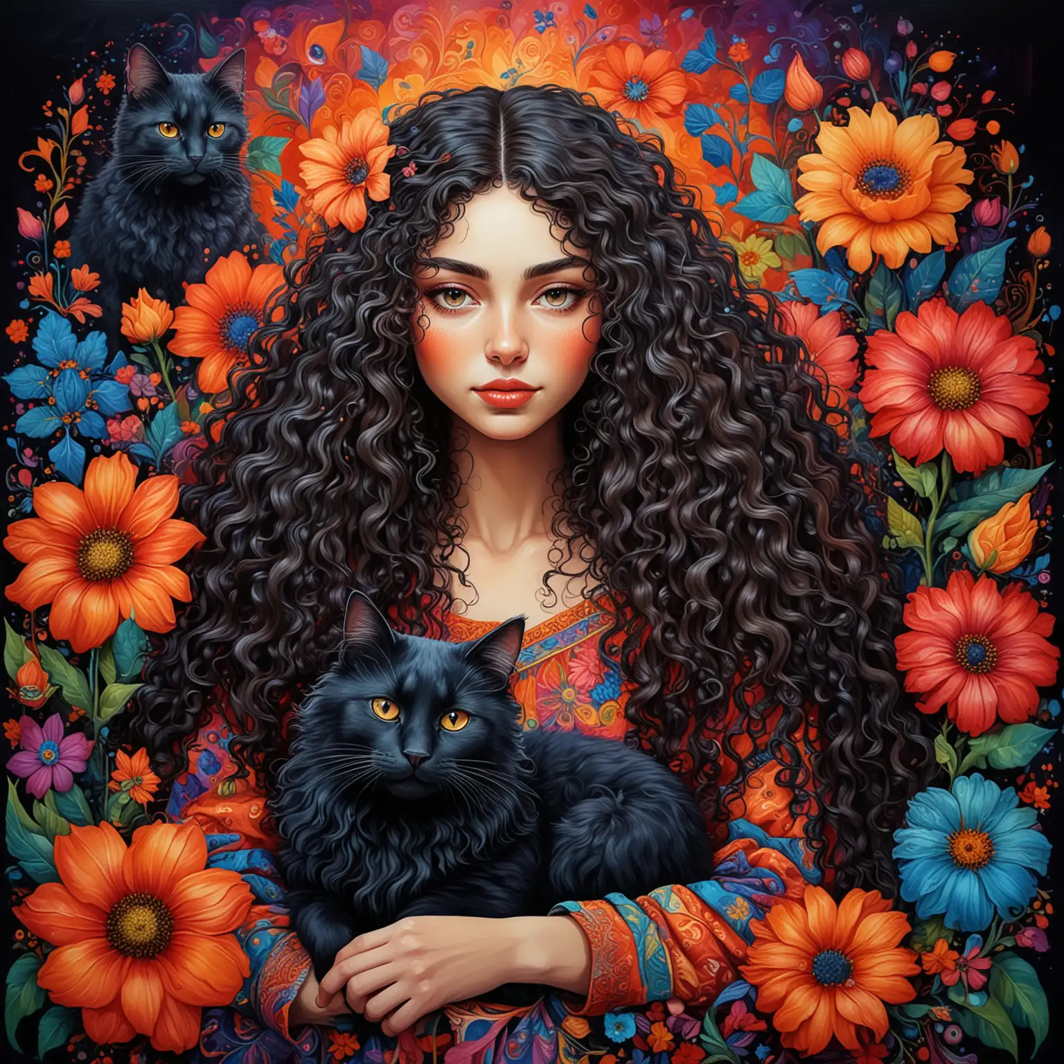 A woman with long curly hair, mysterious look with a black cat on her lap, background of colorful flowers, abstract folk art, bright colors, detailed