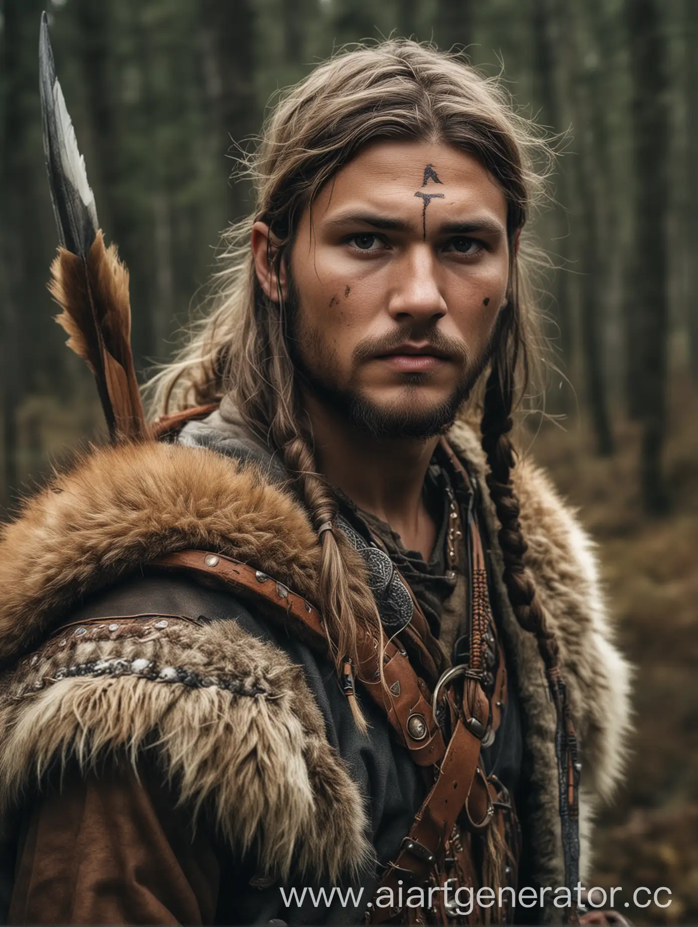 Мужчина следопыт, молодой но опытный охотник индейского происхождения. в скандинавской одежде викингов.