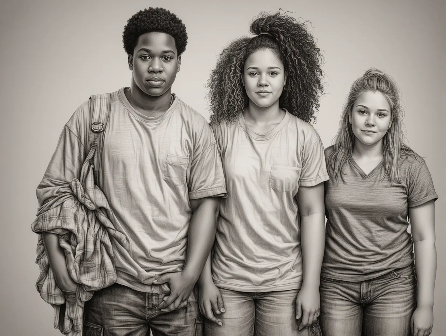 realistic black and white line drawing of two 18 year old youths aging out of the child welfare system including one overweight multi-racial female one muscular Black male and one pretty disabled white-Hispanic female