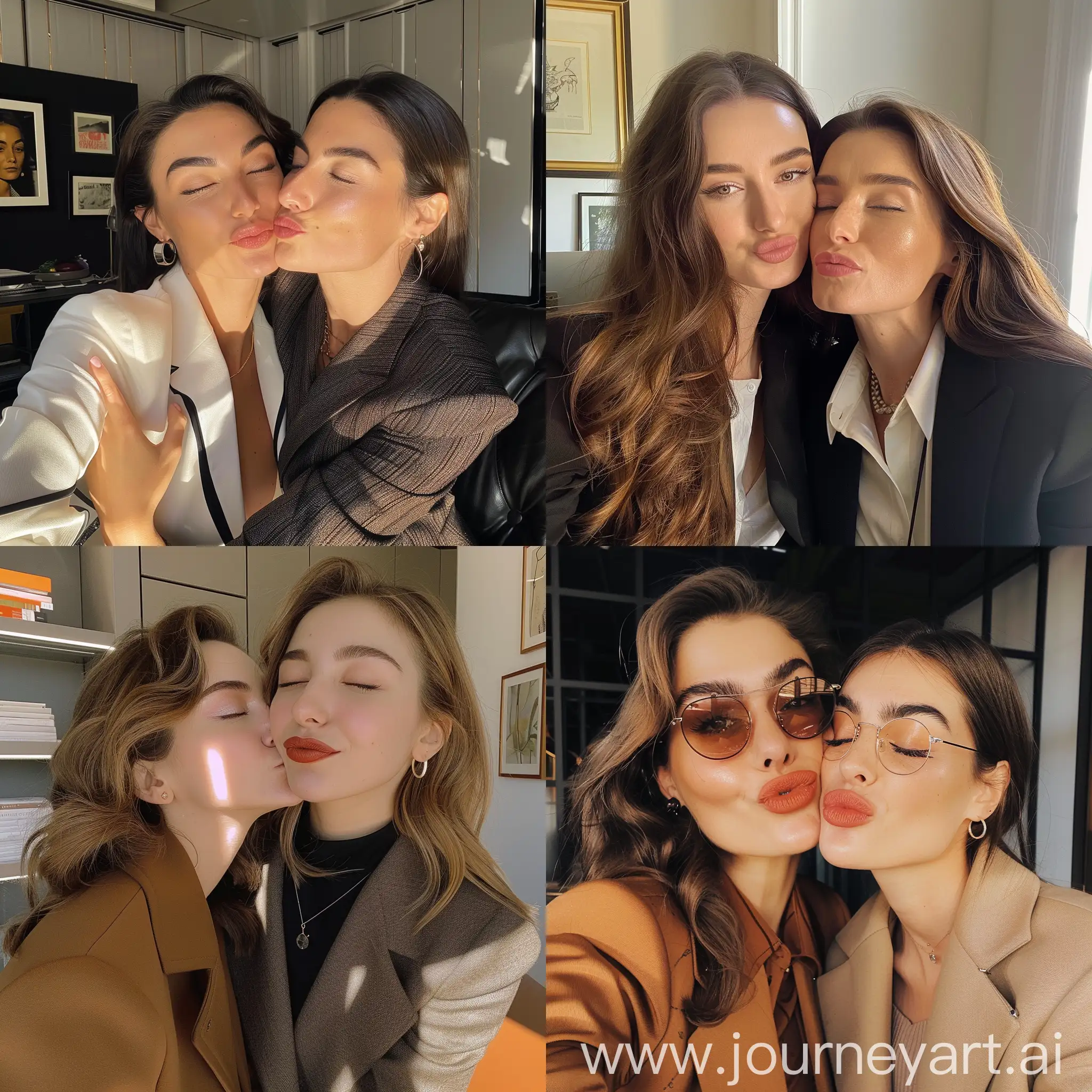 Professional-Business-Woman-Kissing-Cheek-with-Young-Secretary-in-Office