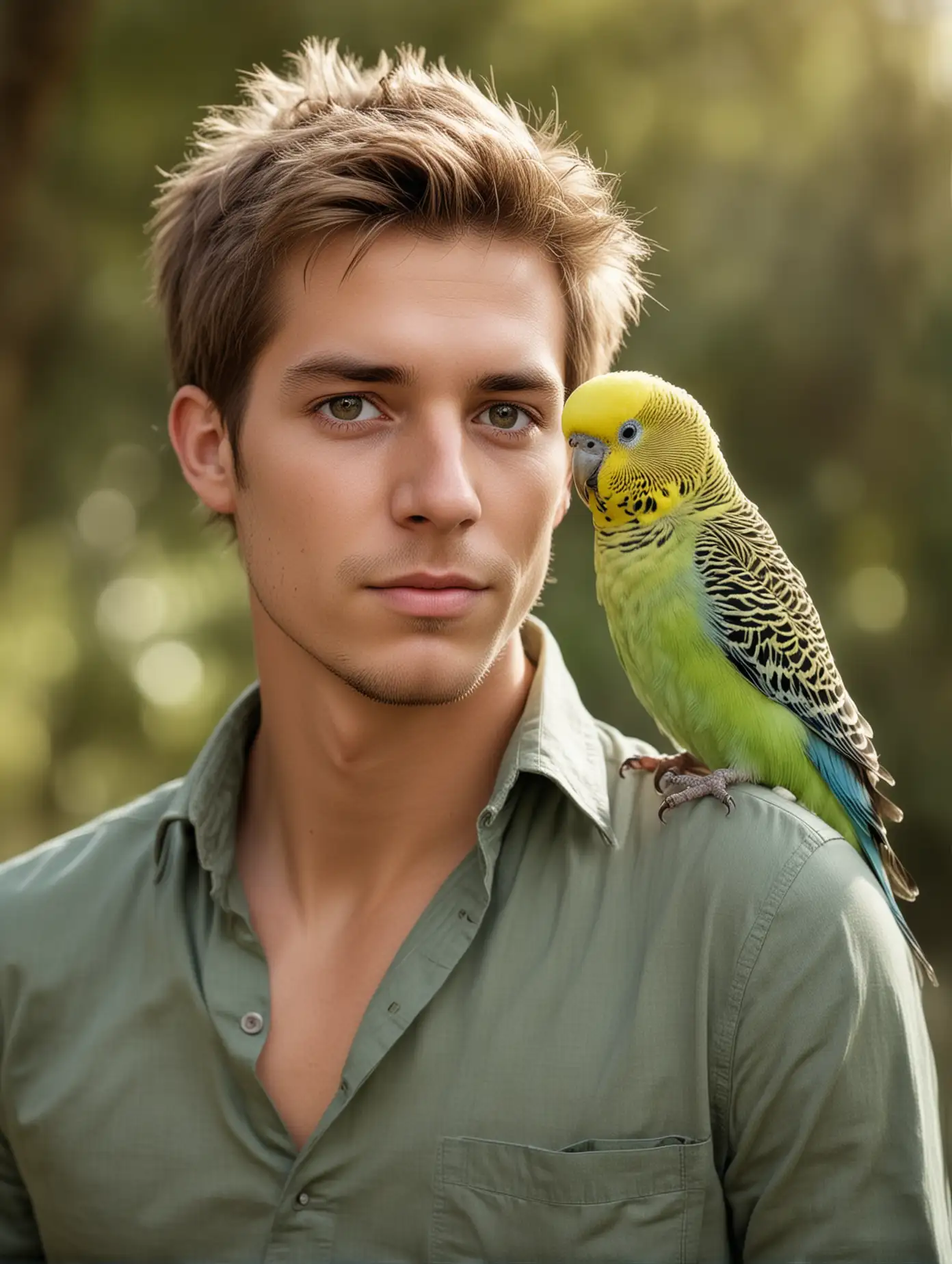 A handsome young man, a budgerigar, outdoors, exquisite facial features, facing the camera, professional photography techniques, full body portrait