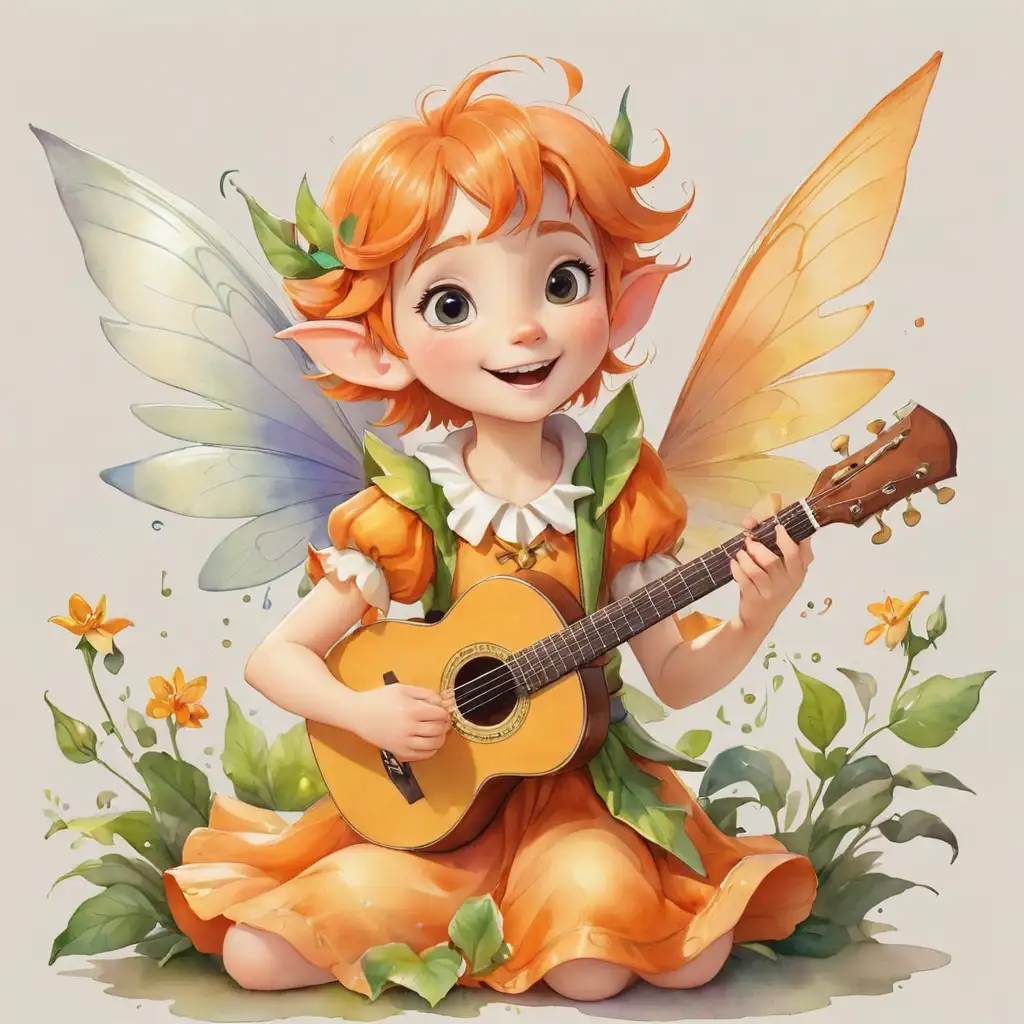 akvarel ilustrace, jedná se o hudbu v podobě pohádkové kouzelné postavě, skřítek, která zpívá, je veselá a roztomilá, pohádková postava jménem, barva oranžová, bílé pozadí
