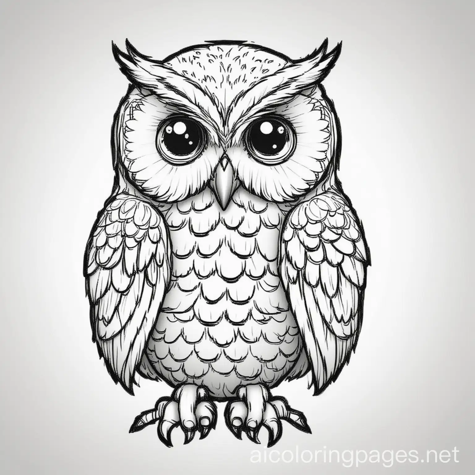 A cool looking owl, Coloring Page, black and white, line art, white background, Simplicity, Ample White Space. The background of the coloring page is plain white to make it easy for young children to color within the lines. The outlines of all the subjects are easy to distinguish, making it simple for kids to color without too much difficulty