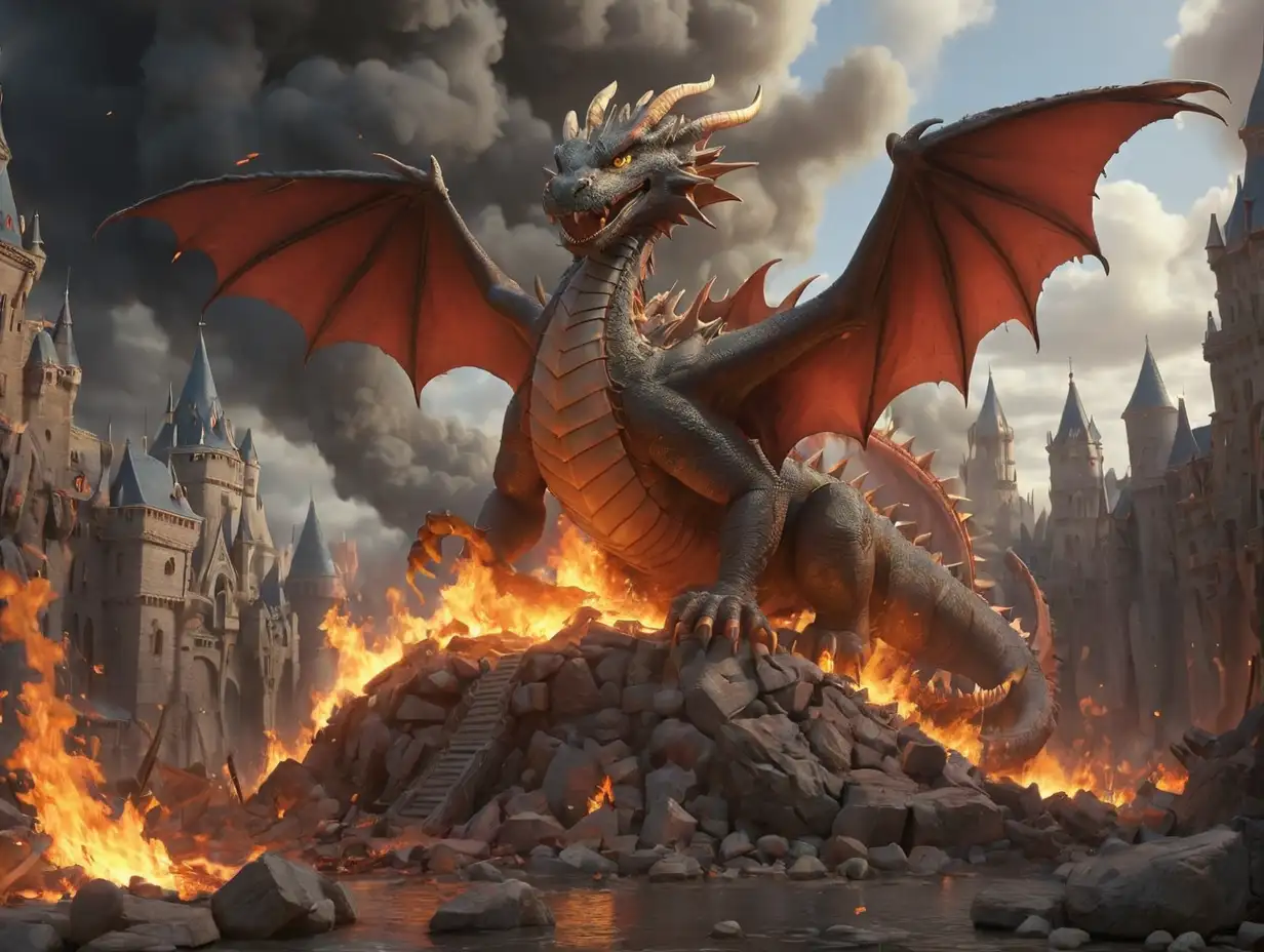 the kingdom has destroyed by the dragon, fire, 3d disney inspire