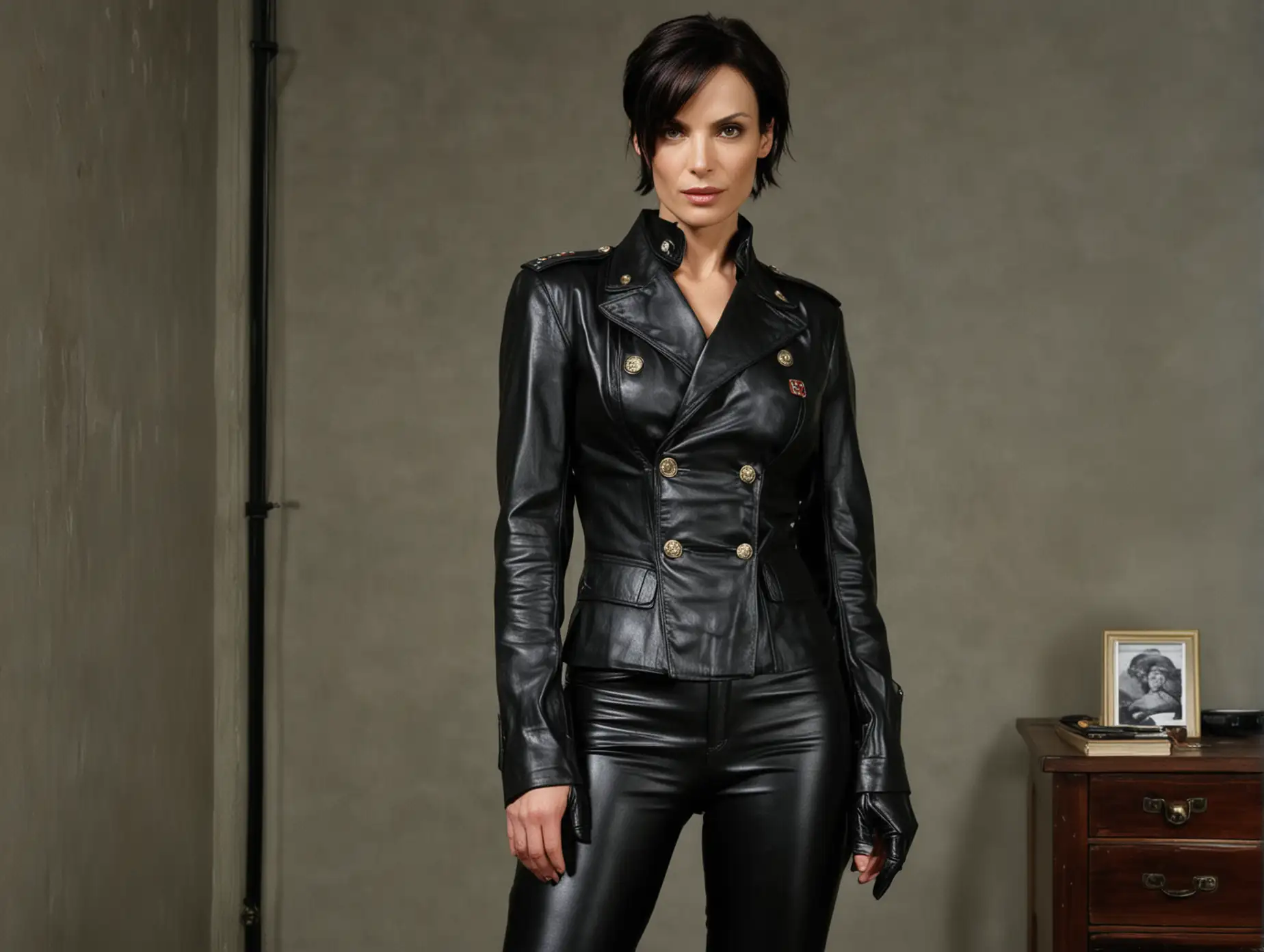 full length view of a very stern looking FAMKE JANSSEN with short hair as a MILITARY commandant, very busty with short hair wearing leather military uniform, black leather blazer leather gloves BLACK LEATHER pants STANDING in her commandant's office wearing knee length leather boots
