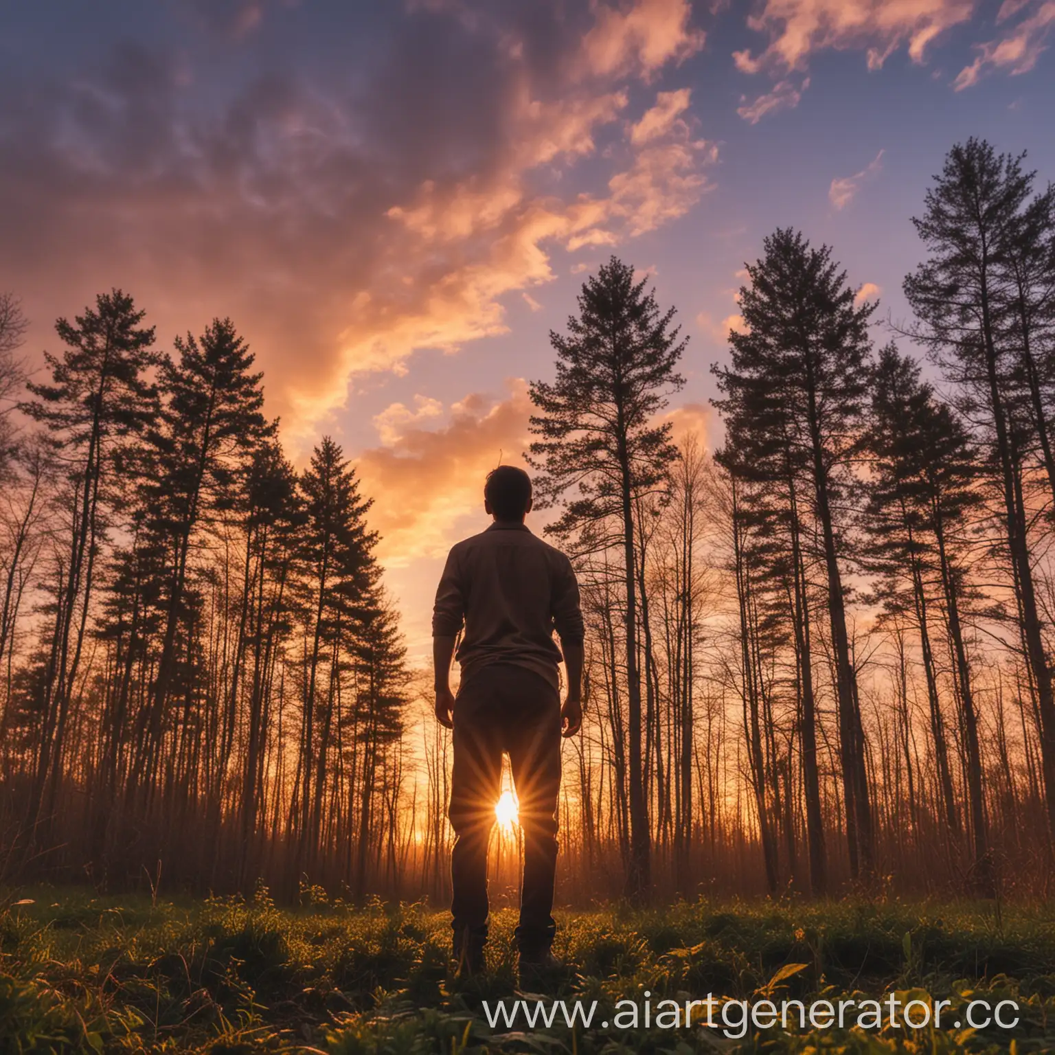 Мужчина стоит в лесу, смотрит в небо, небо красивое, закат