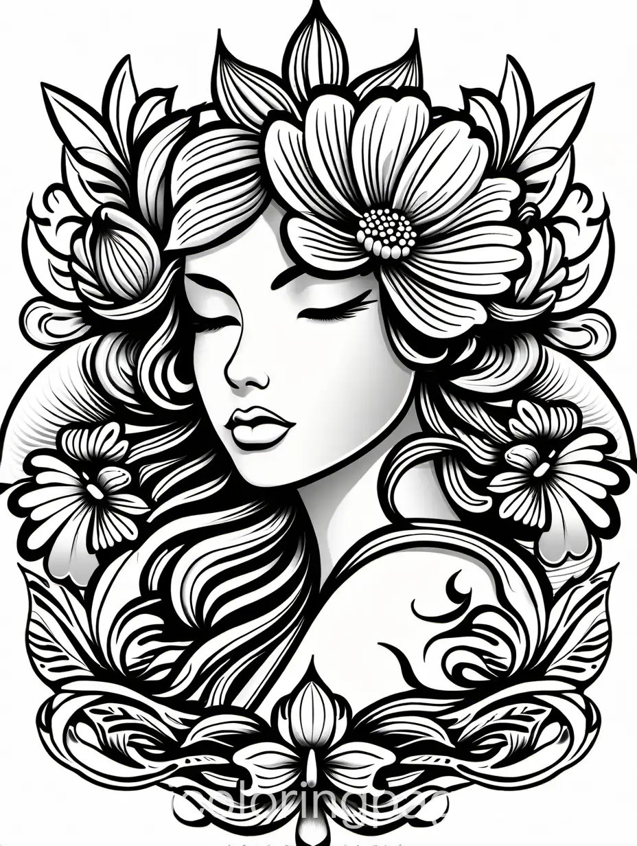 portrait of a fantasy flower, in style of kukula  digital painting  fantasy   beautiful  high detail  crisp quality, Coloring Page, black and white, line art, white background, Simplicity, Ample White Space