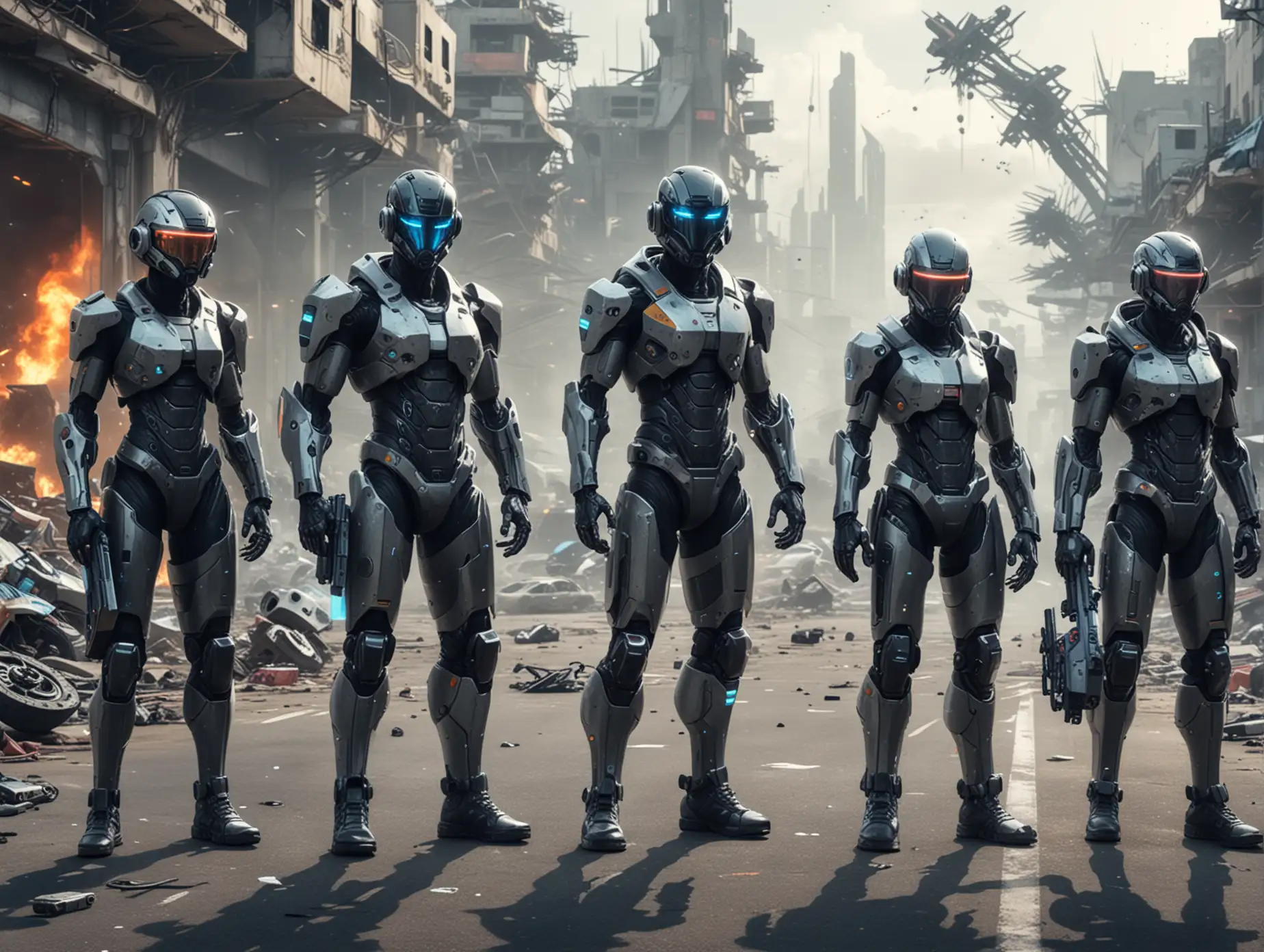 a futuristic group of cyber-tech peoples with cyber mobiles and remote controls in their hands, and equipped with cyber helmets.n In the background a hyperfuturistic destroyed city and many futuristic vehicles like motorbikes, skateboards, spaceships and drones.