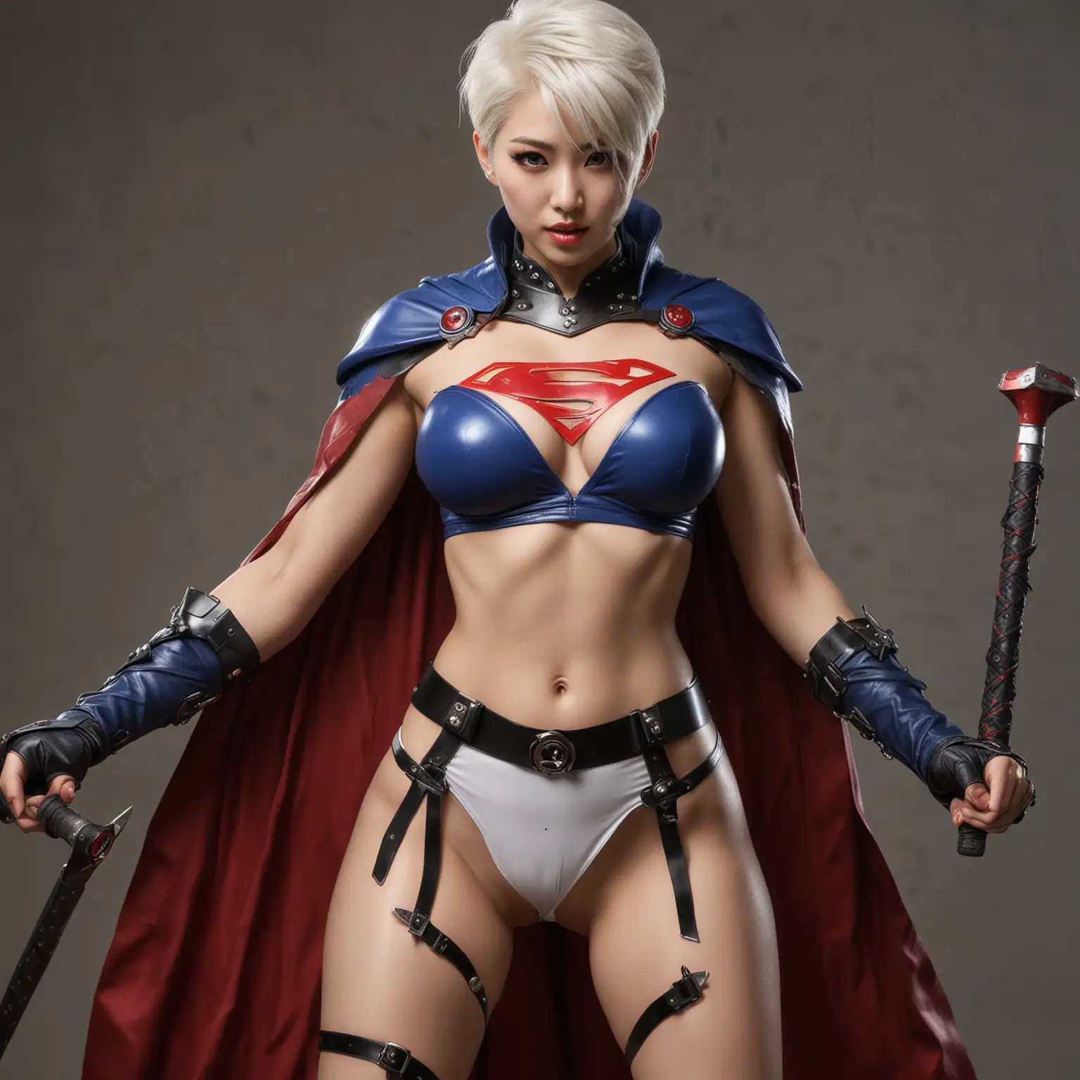 fighter korean supergirl large naked breasts lean body dominatrix panty and bra cape white short hair mohawk shield and warhammers eyepaint