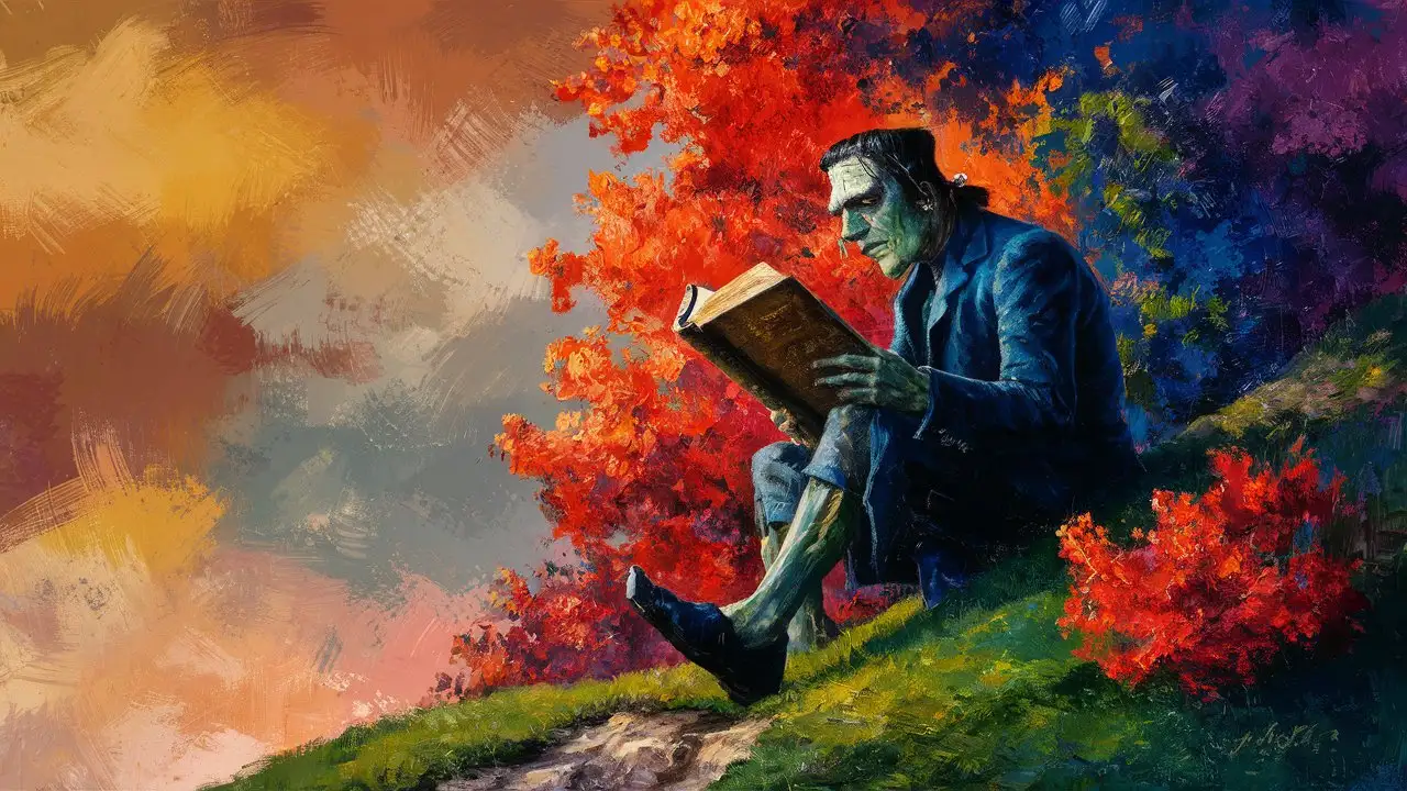 Vibrant Impressionist Frankenstein Reading on Hillside
