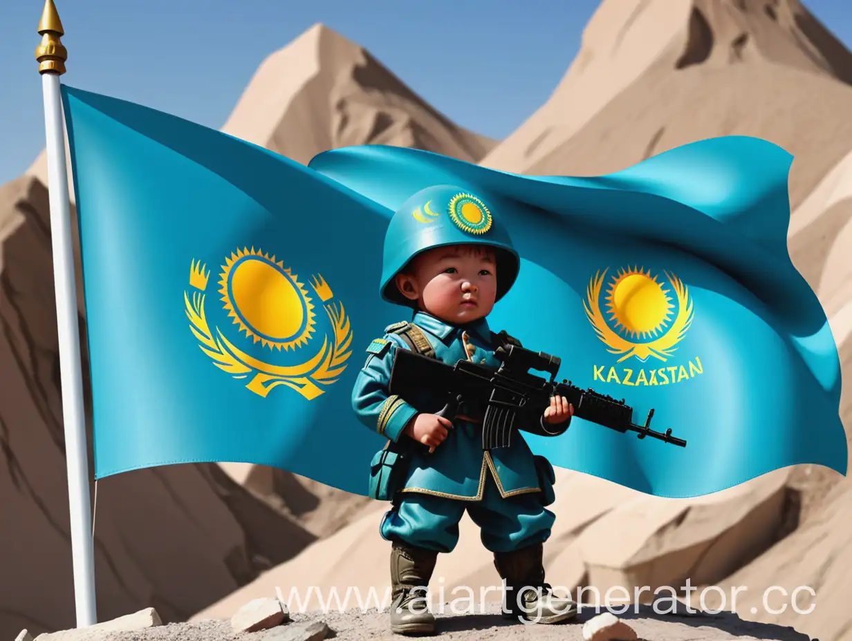 маденький солдат с флагом казахстана на фоне, внизу надпись 7 казахском стиле
