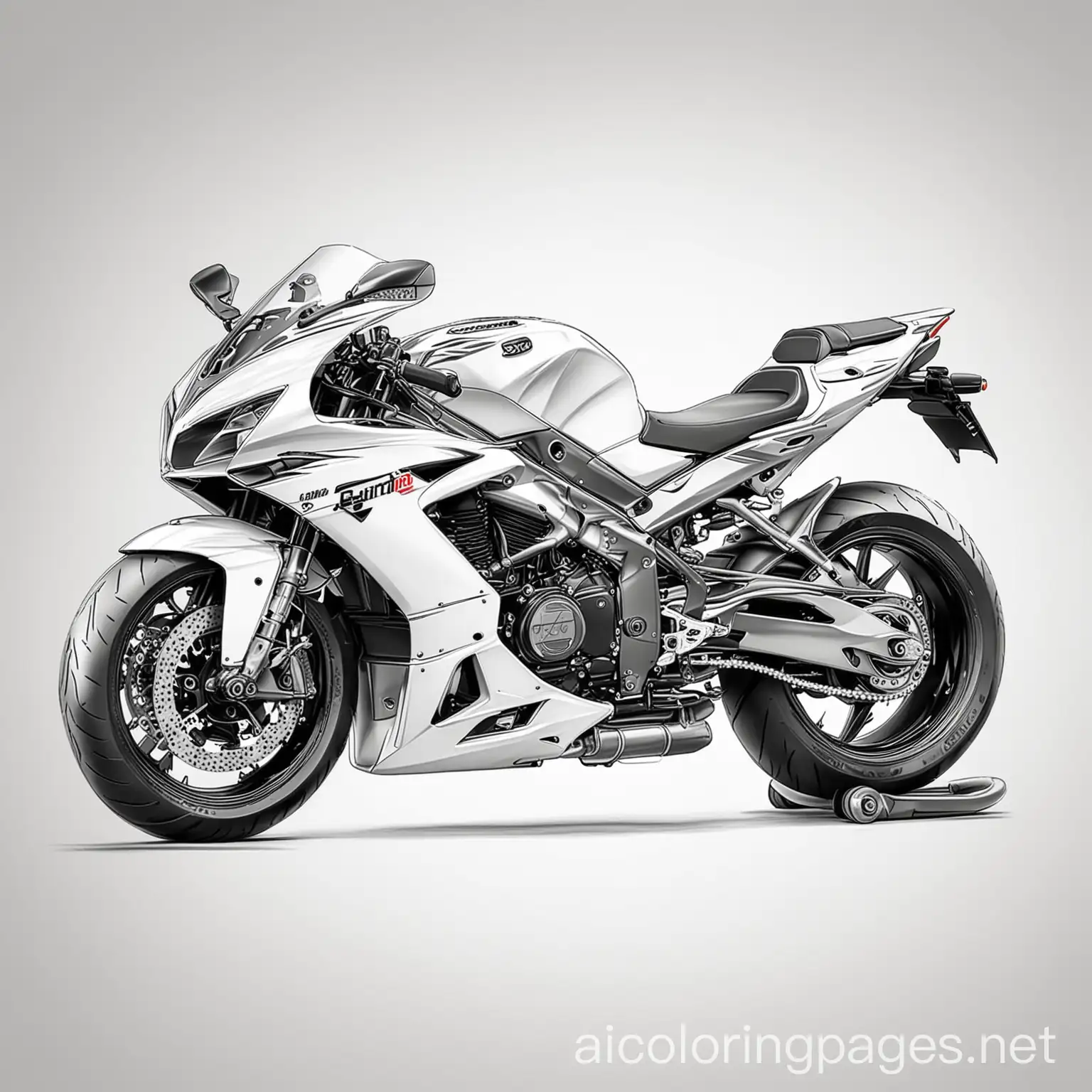 sports motorcycle, Coloring Page, black and white, line art, white background, Simplicity, Ample White Space. The background of the coloring page is plain white to make it easy for young children to color within the lines. The outlines of all the subjects are easy to distinguish, making it simple for kids to color without too much difficulty