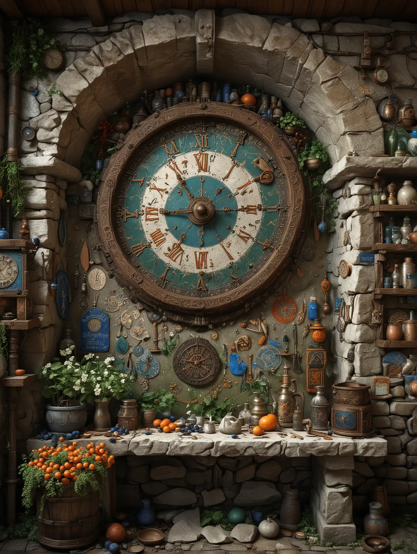 A vast indoor neat white stone ancient alchemical laboratory in viking style : 1.n| colorful green and orange painting on the walls : .9n| blue magical signs on the wall : 1.n| very detailed large clock in bronze : 1.n| a detailed female viking shaman with long hair and a long adorned tunic with signs : 1.n| flowers and berries : .5n| clear,dark nordic atmosphere : 1.n| highly detailed,high precision,focus on textures, hyperrealistic,bright,no blur : 1.