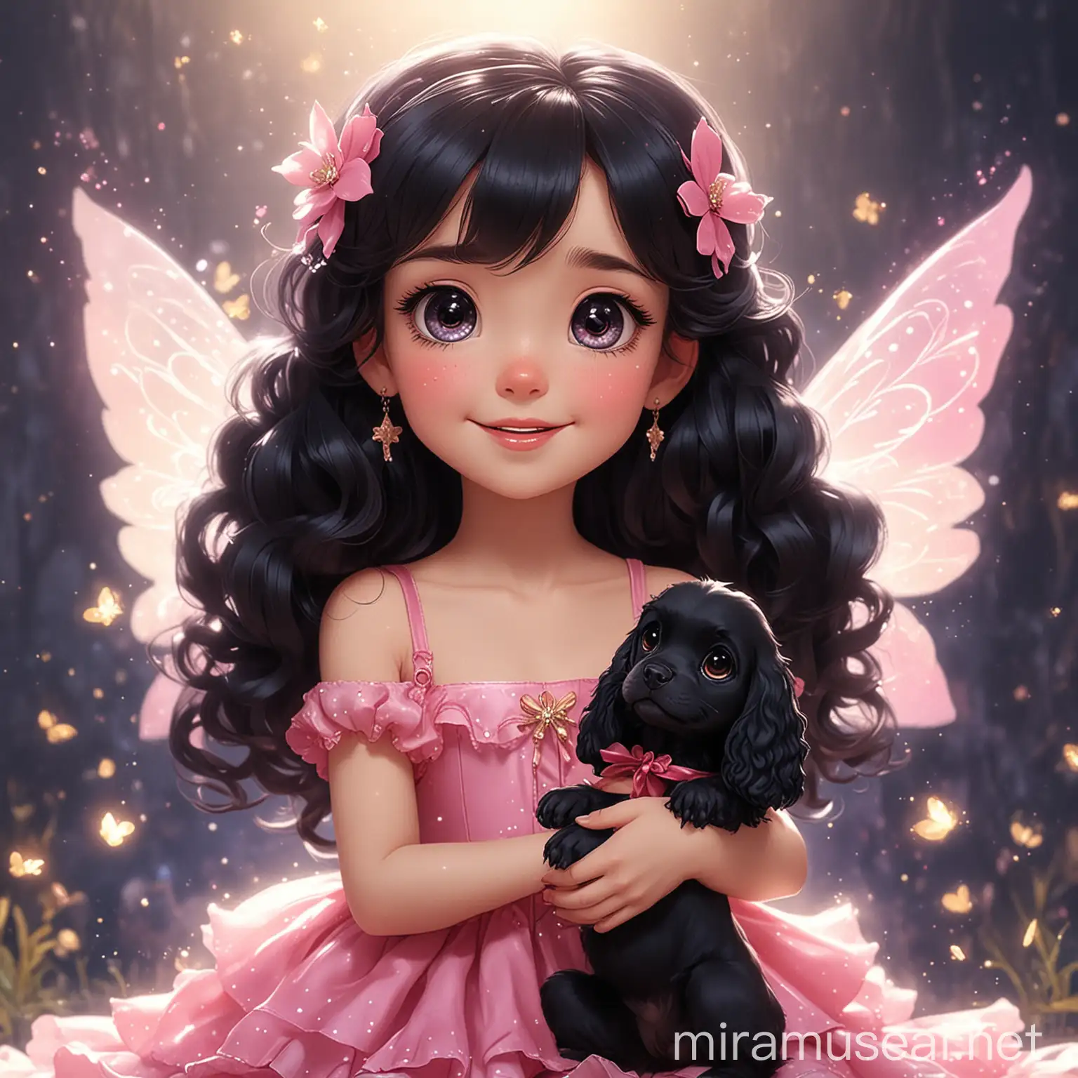 Disney Joy Little Girl Playing Fairy Tale with Black Cocker Spaniel in Anime Form