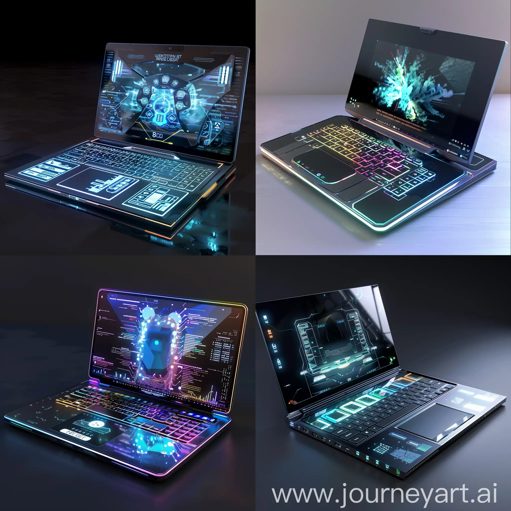 Futuristic laptop, in futuristic style, Quantum Processor, Graphene-based Cooling System, Neural Interface, Advanced Energy Storage, Optical Computing, Self-Repairing Components, Holographic Display, Biometric Security Enhancements, Nanotechnology Sensors, Quantum Encryption, Flexible Display, Transparent Touchpad/Keyboard, Smart Projection System, Adaptive Surface Material, Integrated Solar Panels, Dynamic Ambient Lighting, Modular Expansion Ports, Biometric Feedback Sensors, Active Air Filtration System, Gesture Recognition Cameras, 8K OLED Display, Holographic Display Enhancement, AI-Powered Upscaling, High-Fidelity Audio System, Next-Gen Graphics Card, DDR6 Memory, PCIe 5.0 SSD Storage, Advanced Thermal Management, 5G Connectivity, Eye Tracking Technology, Bezel-less Display, Transparent OLED Lid, Flexible Hinge Design, Ergonomic Keyboard, Interactive Touch Bar, Wireless Charging Base, Multi-functional Ports, Integrated Projector, Advanced Biometric Security, Customizable RGB Lighting, unreal engine 5 --stylize 1000