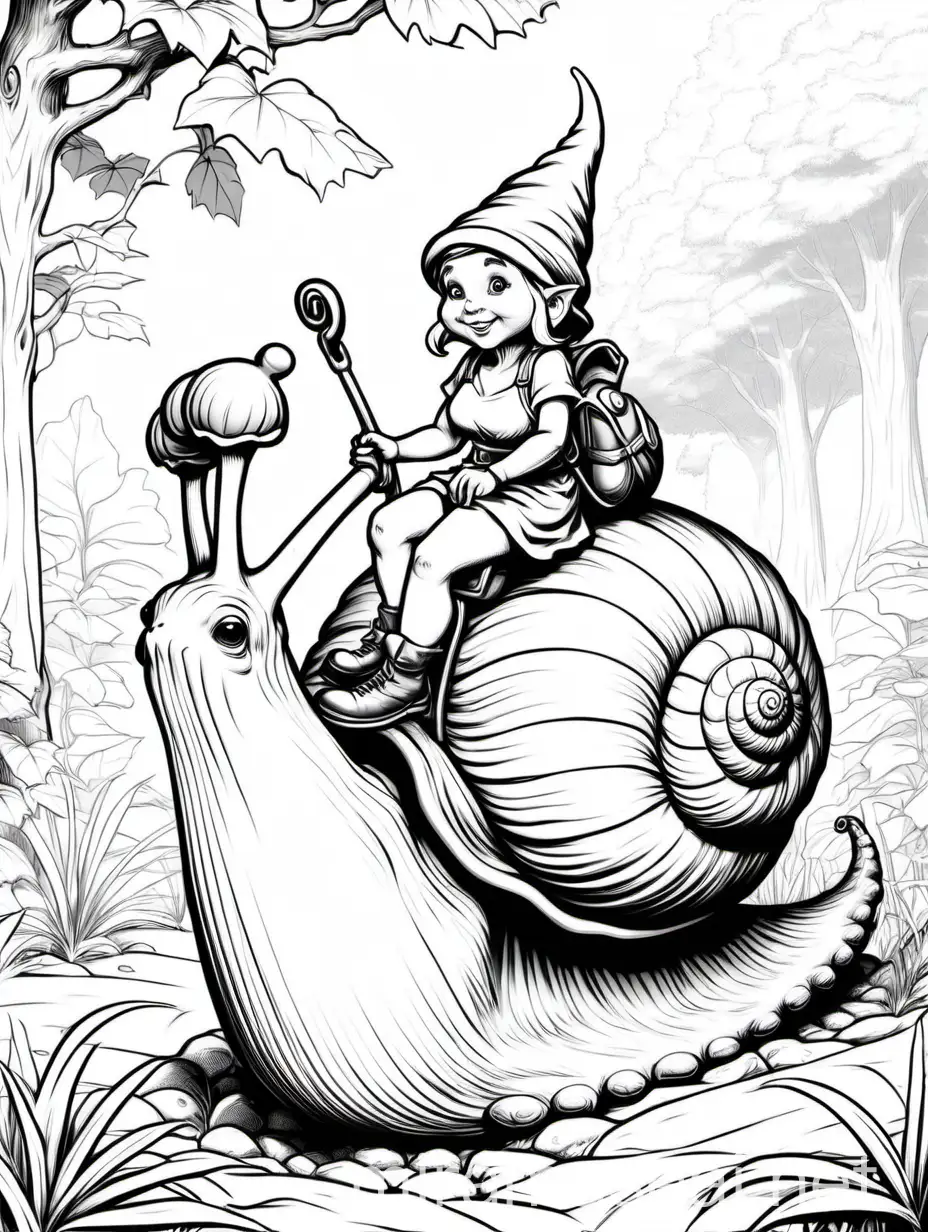 Fantasy Coloring Page Female Gnome Riding a Large Snail